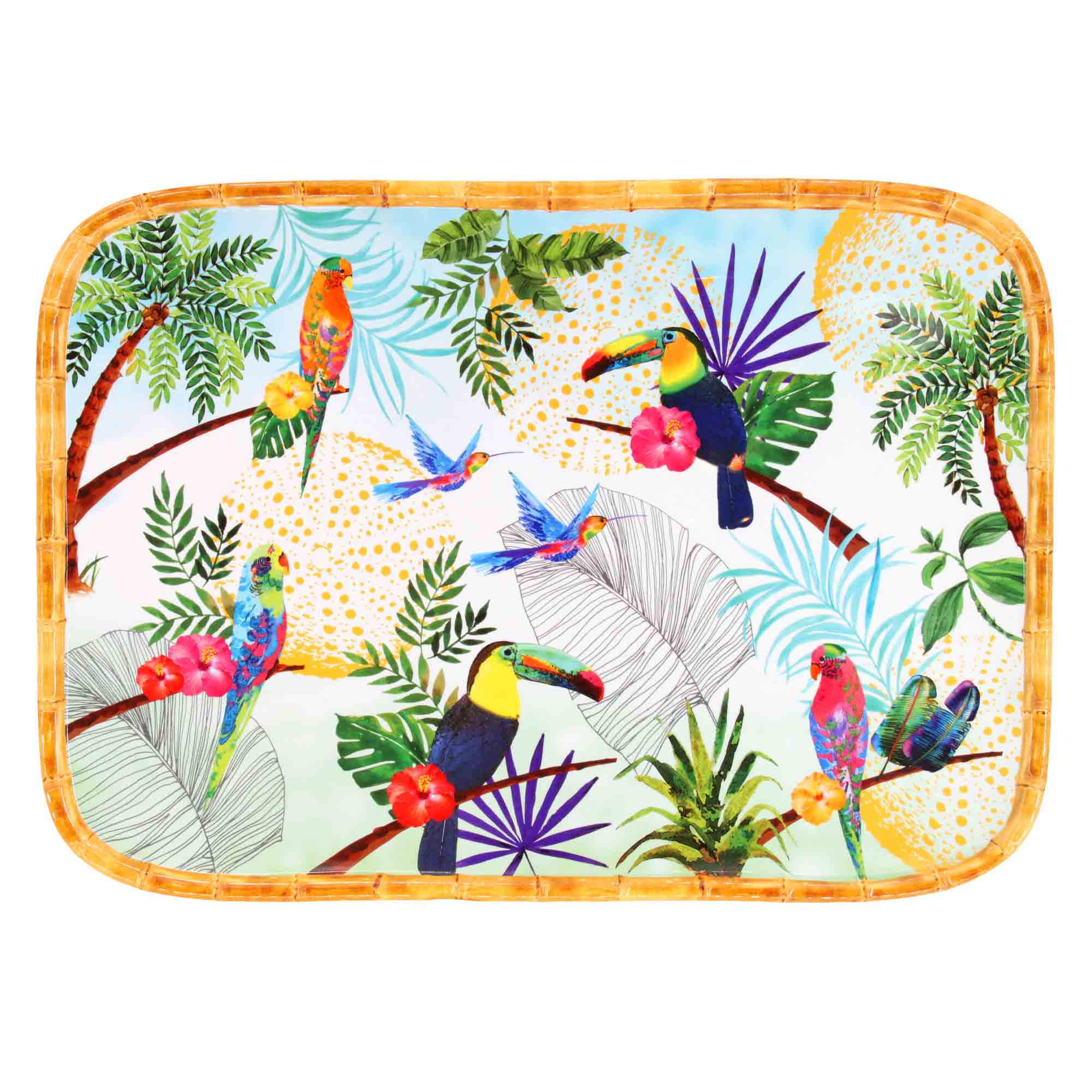 Plateau de présentation rectangulaire en mélamine imprimé toucans