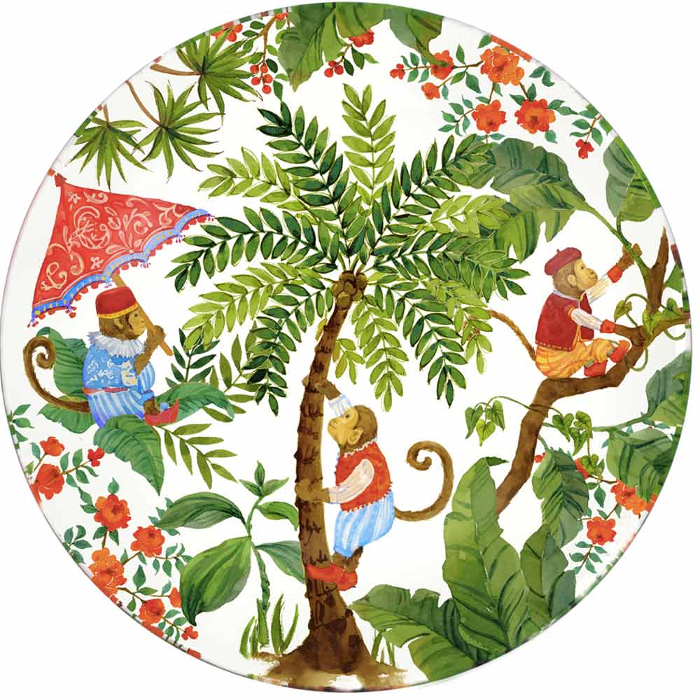 Grande assiette en verre trempé blanc 29,5 cm avec des singes de Bali