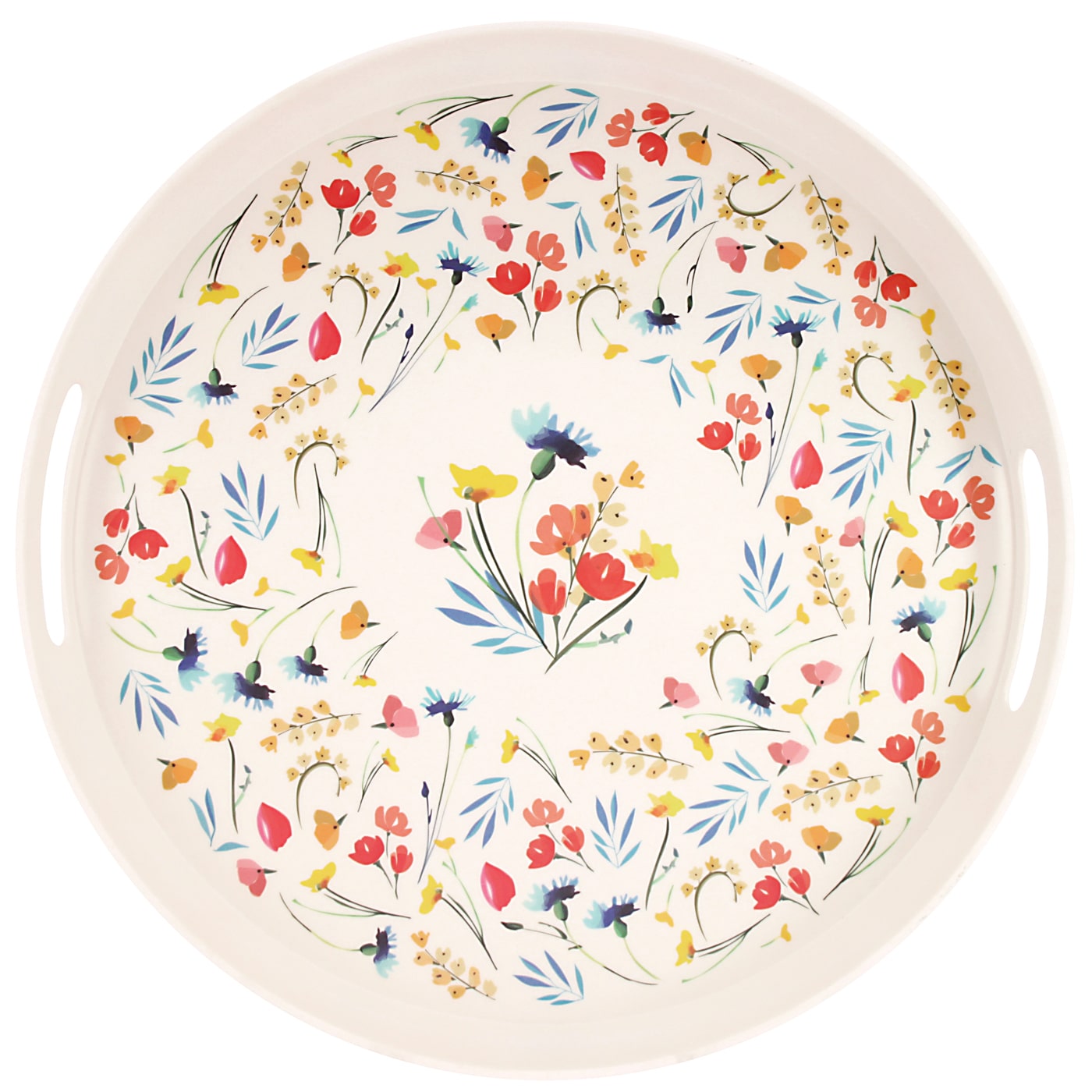 Plateau de service rond en bambou avec poignées à motifs fleuris
