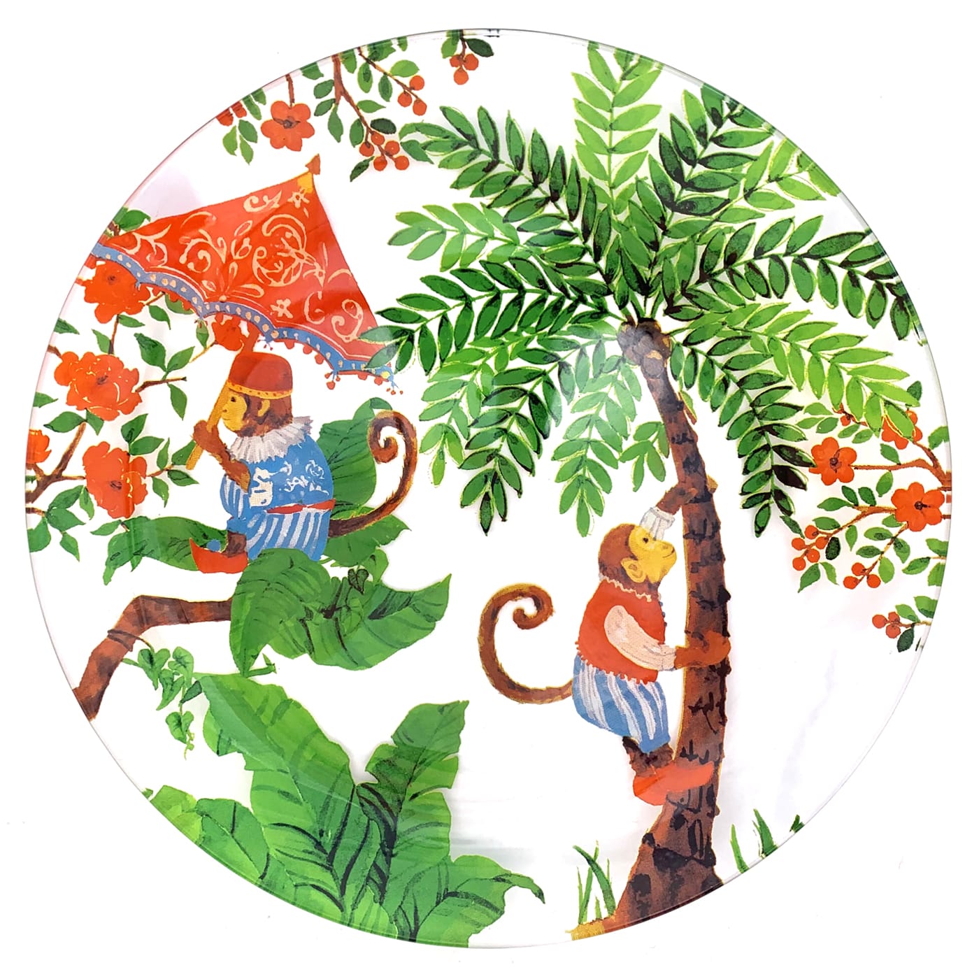 Assiette transparente en verre trempé 24,5 cm avec des singes de Bali
