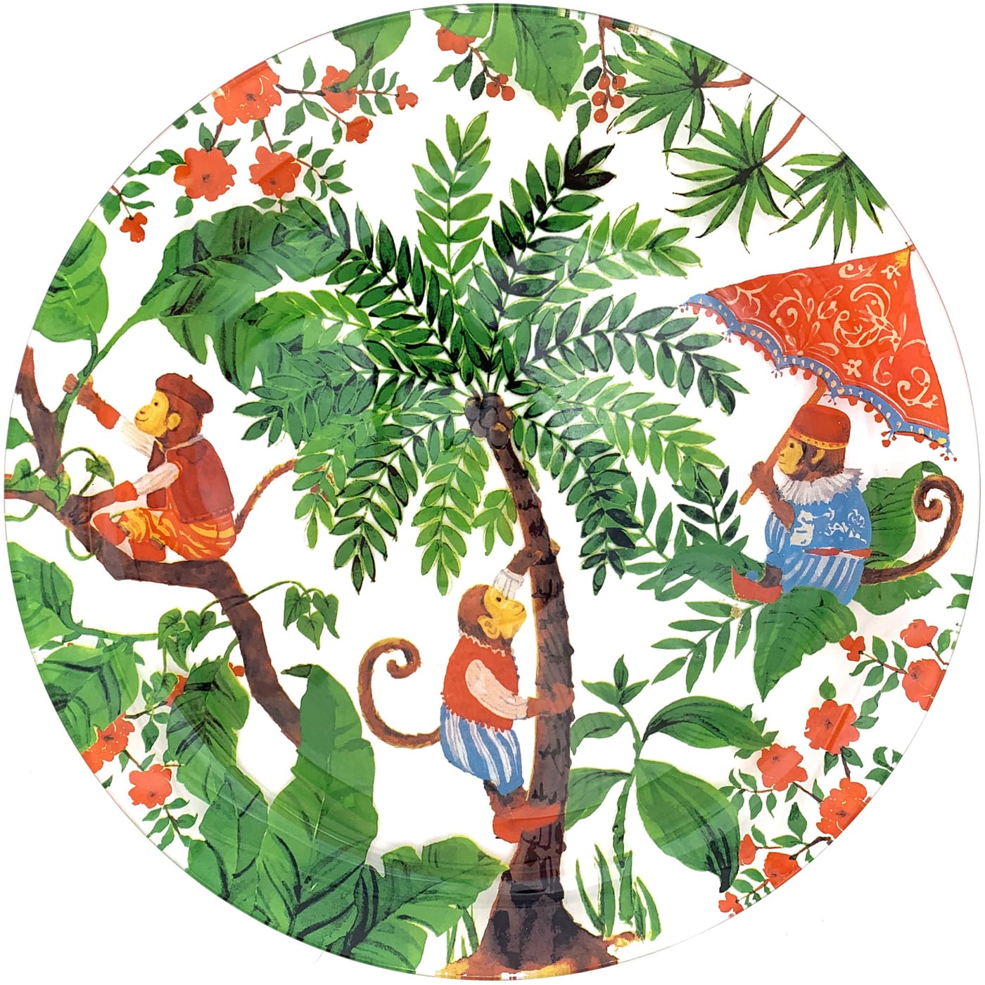 Grande assiette verre trempé transparent 29,5 cm décoré singes de Bali