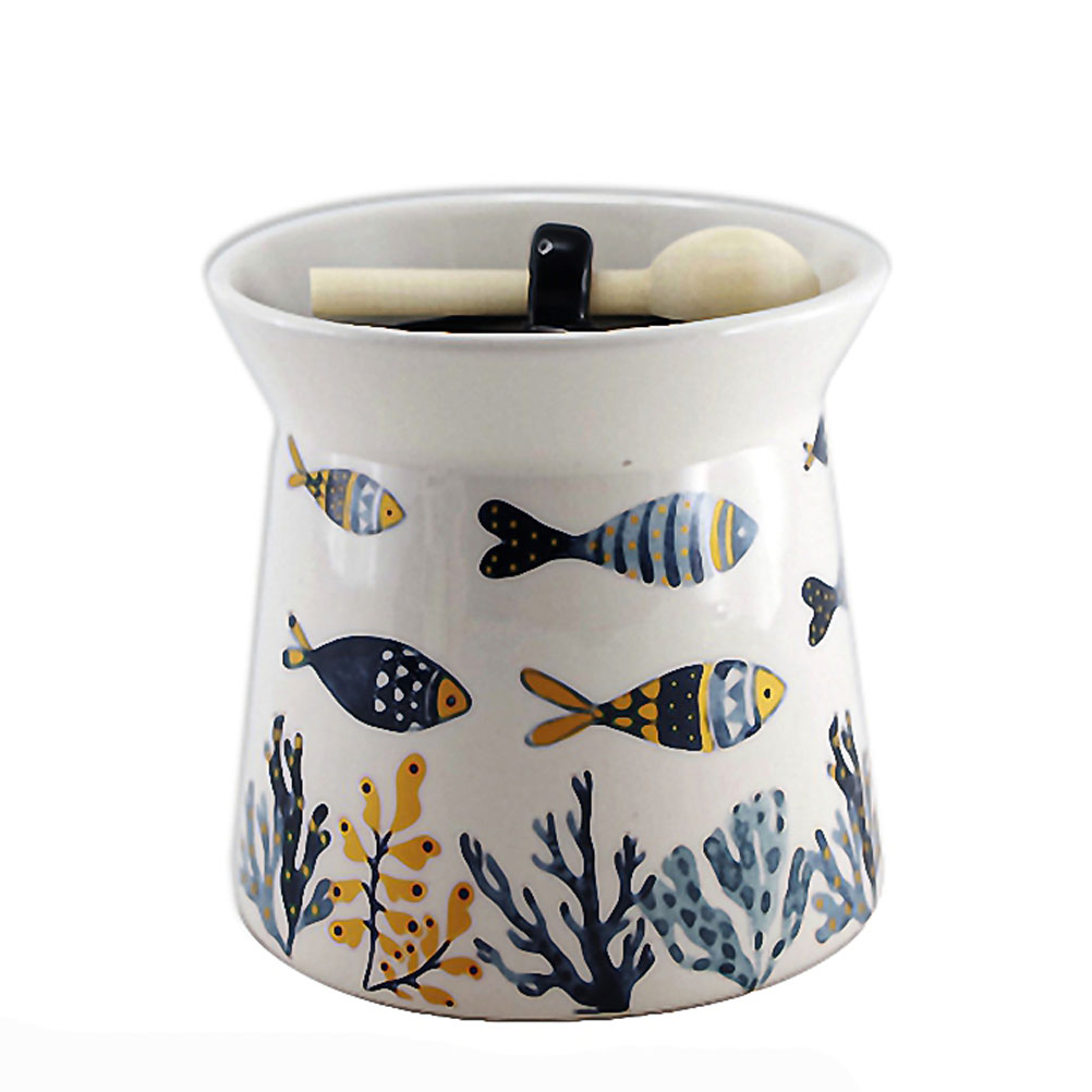 Pot à sel en faïence avec cuillère en bois Pot à sel en faïence avec cuillère en bois