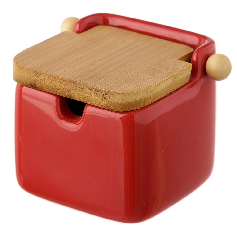 Boite à sel en céramique rouge et bambou Boite à sel en céramique rouge et bambou