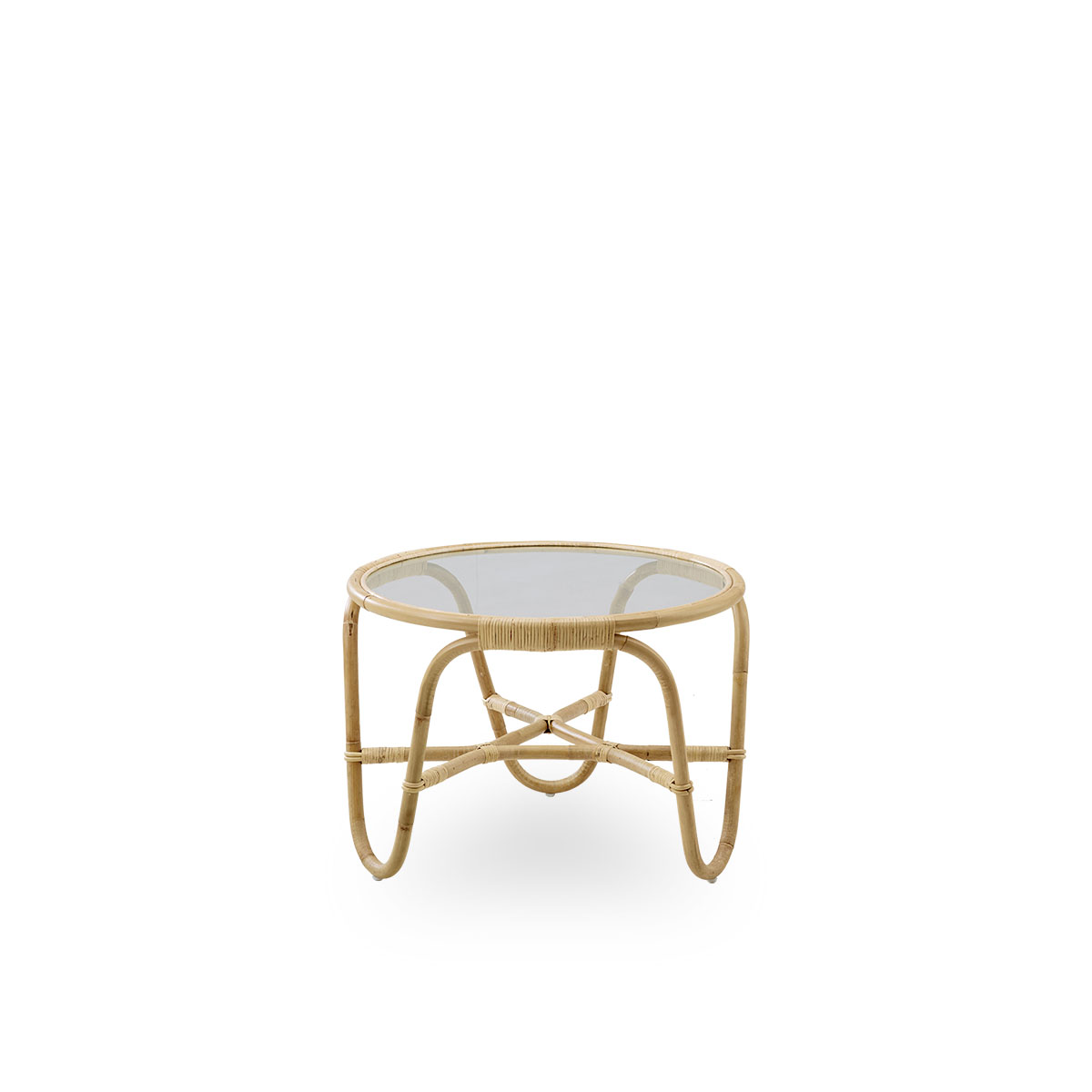 Table basse ronde en rotin et plateau en verre