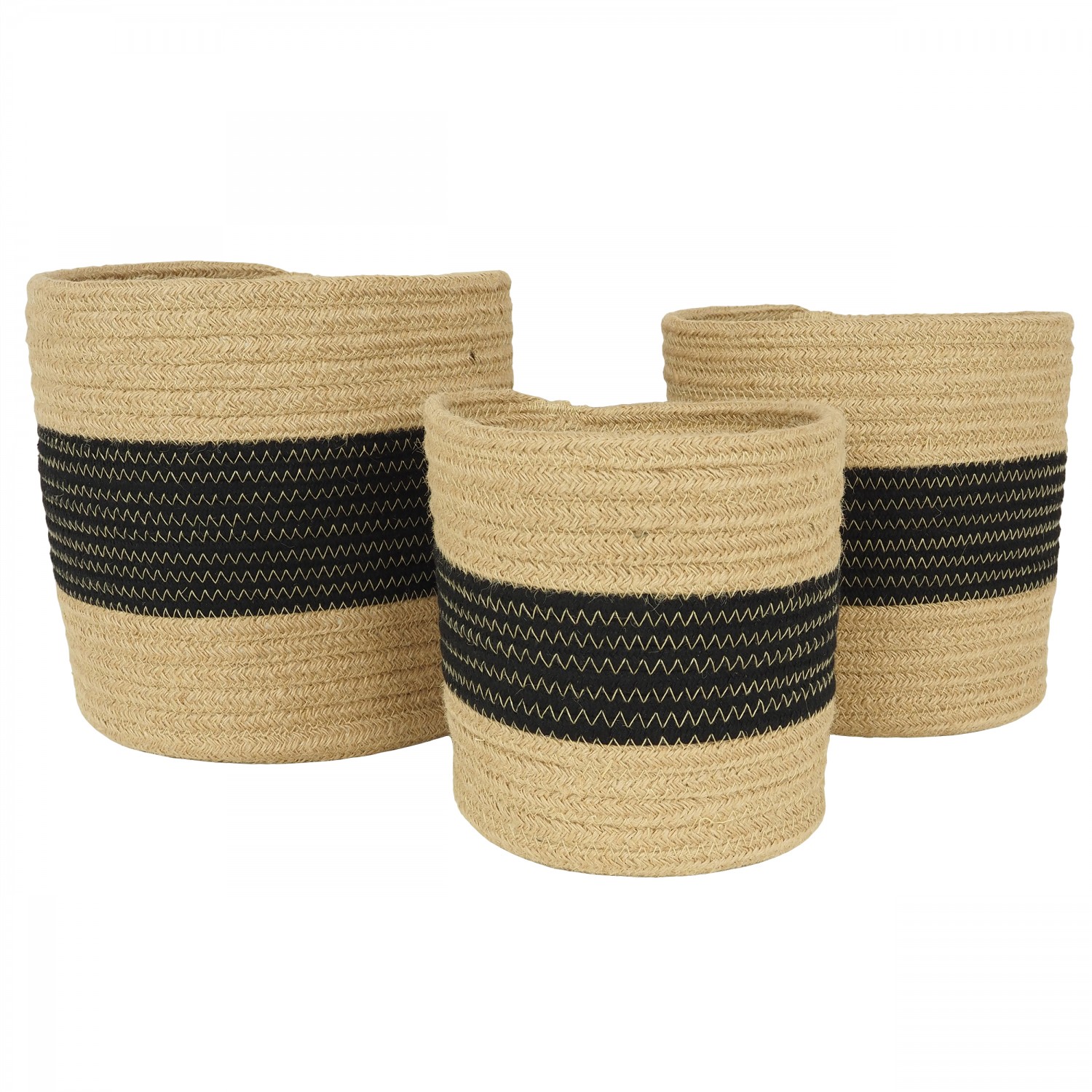 3 cache-pots panier tissé coton couleur naturelle et noir 17/21/23cm (photo) 3 cache-pots panier tissé coton couleur naturelle et noir 17/21/23cm