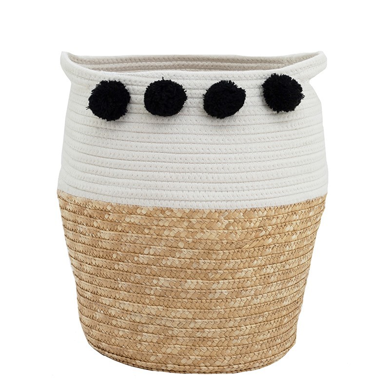 Cache-pot panier bicolore coton tressé avec poignées pompons noir 36cm (photo) Cache-pot panier bicolore coton tressé avec poignées pompons noir 36cm