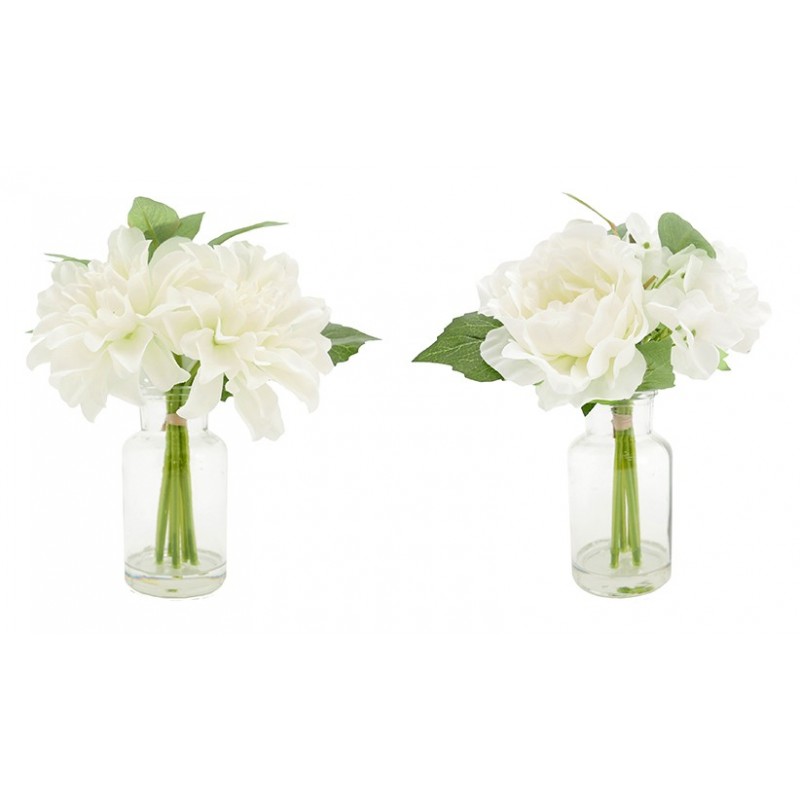 2 vases en verre + mini bouquets artificiels dahlia/pivoine 17cm (photo) 2 vases en verre + mini bouquets artificiels dahlia/pivoine 17cm