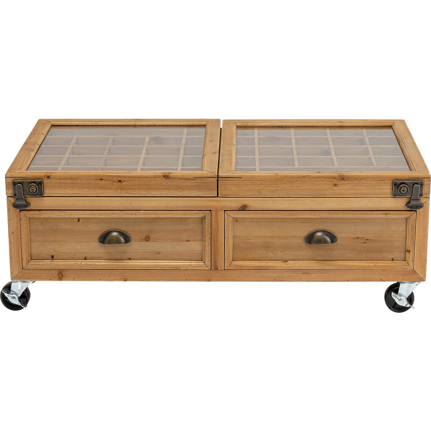 Table basse sur roulettes en sapin massif et verre 100x58