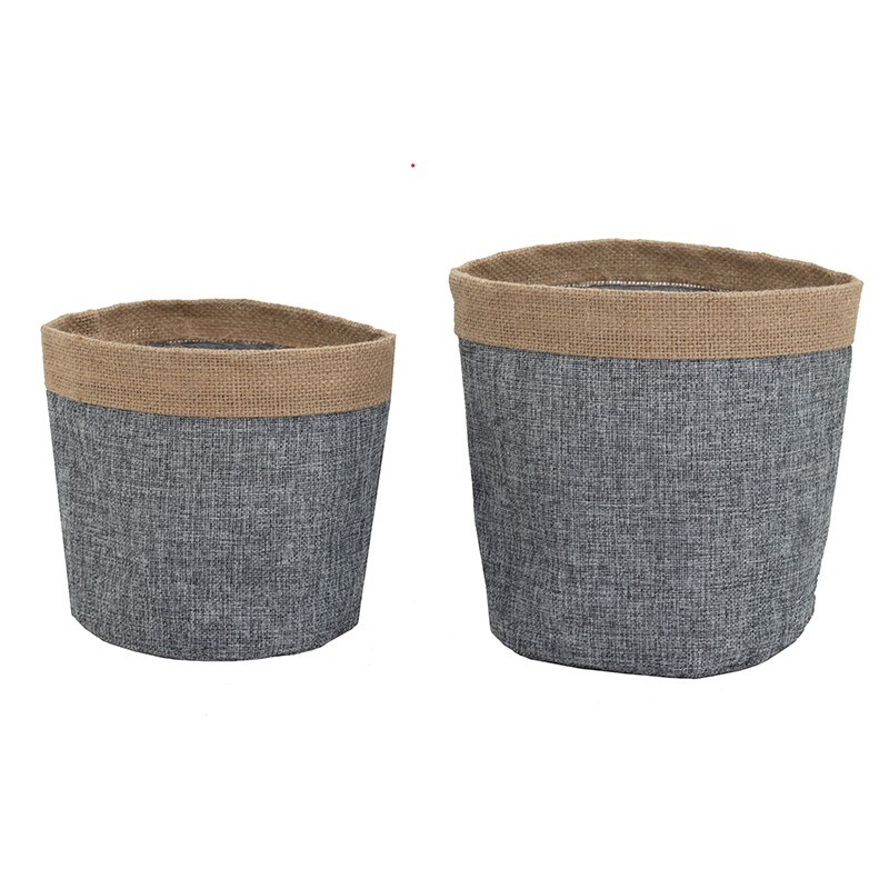 Lot de 2 cache-pots tissu/revers jute intérieur plastifié 16/20cm (photo) Lot de 2 cache-pots tissu/revers jute intérieur plastifié 16/20cm