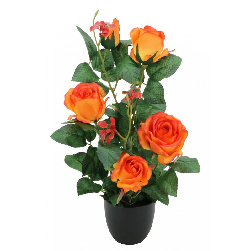 Rosier artificiel orange pot noir 4 fleurs + 1 bouton de rose 50cm (photo) Rosier artificiel orange pot noir 4 fleurs + 1 bouton de rose 50cm