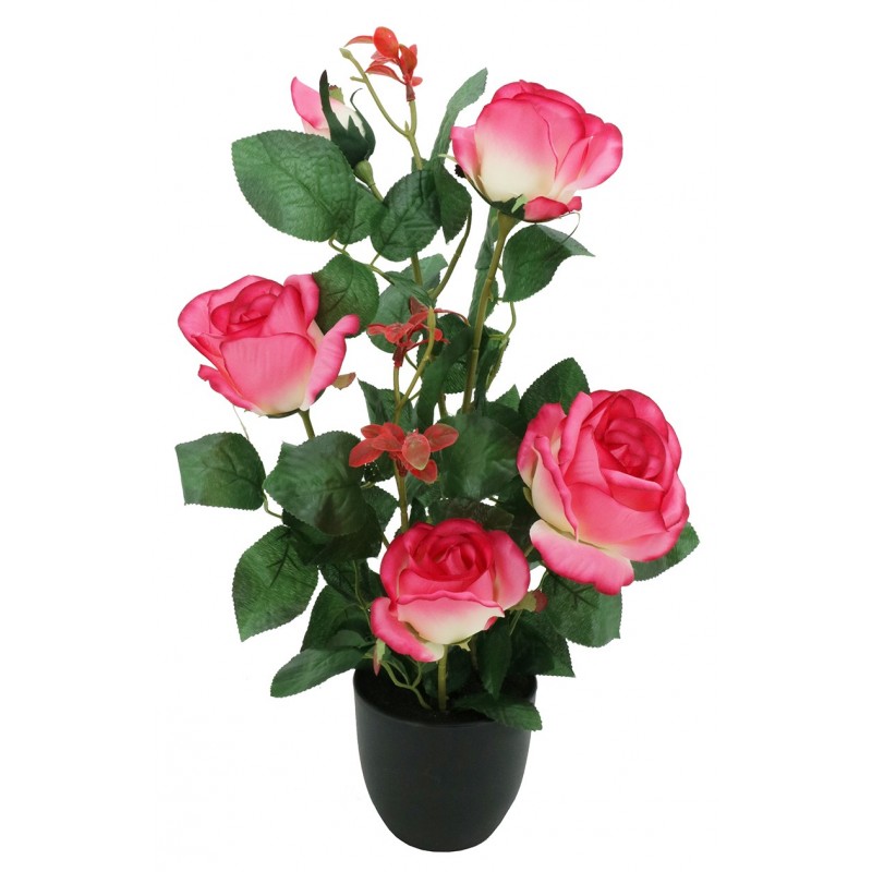 Rosier artificiel rose pot noir 4 fleurs + 1 bouton de rose 50cm (photo) Rosier artificiel rose pot noir 4 fleurs + 1 bouton de rose 50cm