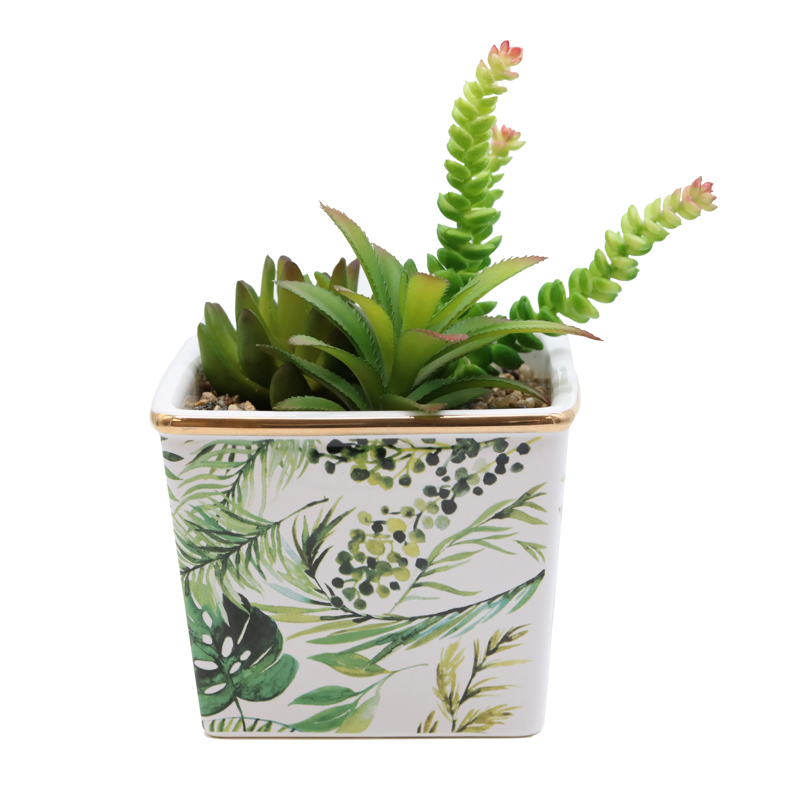 Succulentes artificielles pot céramique jungle + liseré doré 17cm (photo) Succulentes artificielles pot céramique jungle + liseré doré 17cm