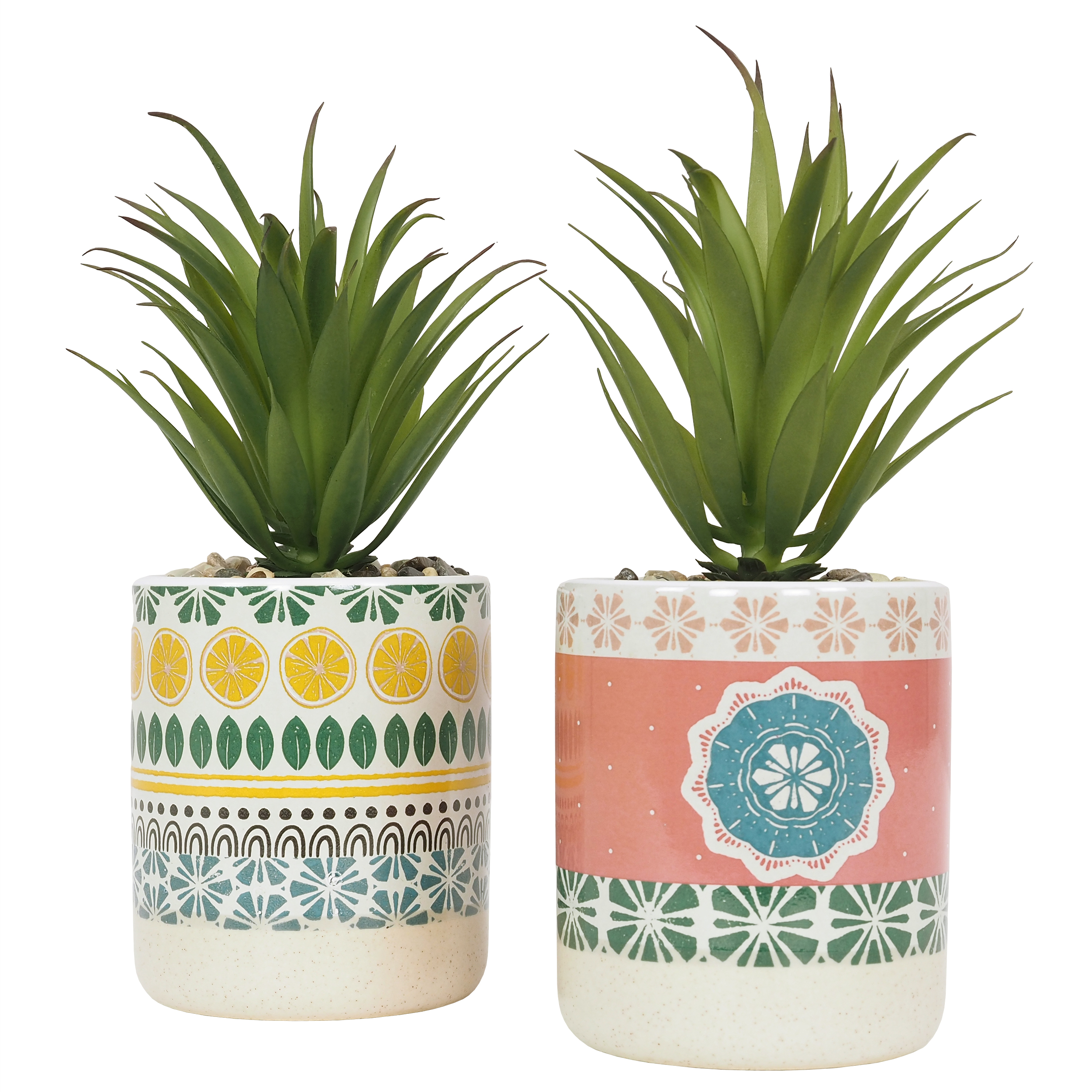 2 Succulentes Artificielles, Pot à Motifs Géométriques, H.20cm 2 Succulentes Artificielles, Pot à Motifs Géométriques, H.20cm