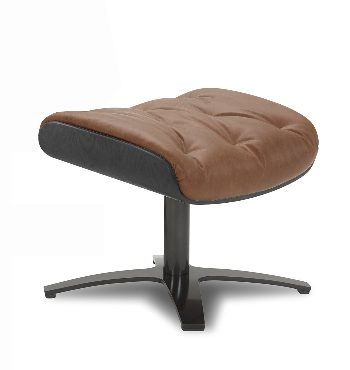 Pouf en cuir brun vieilli et bois noir