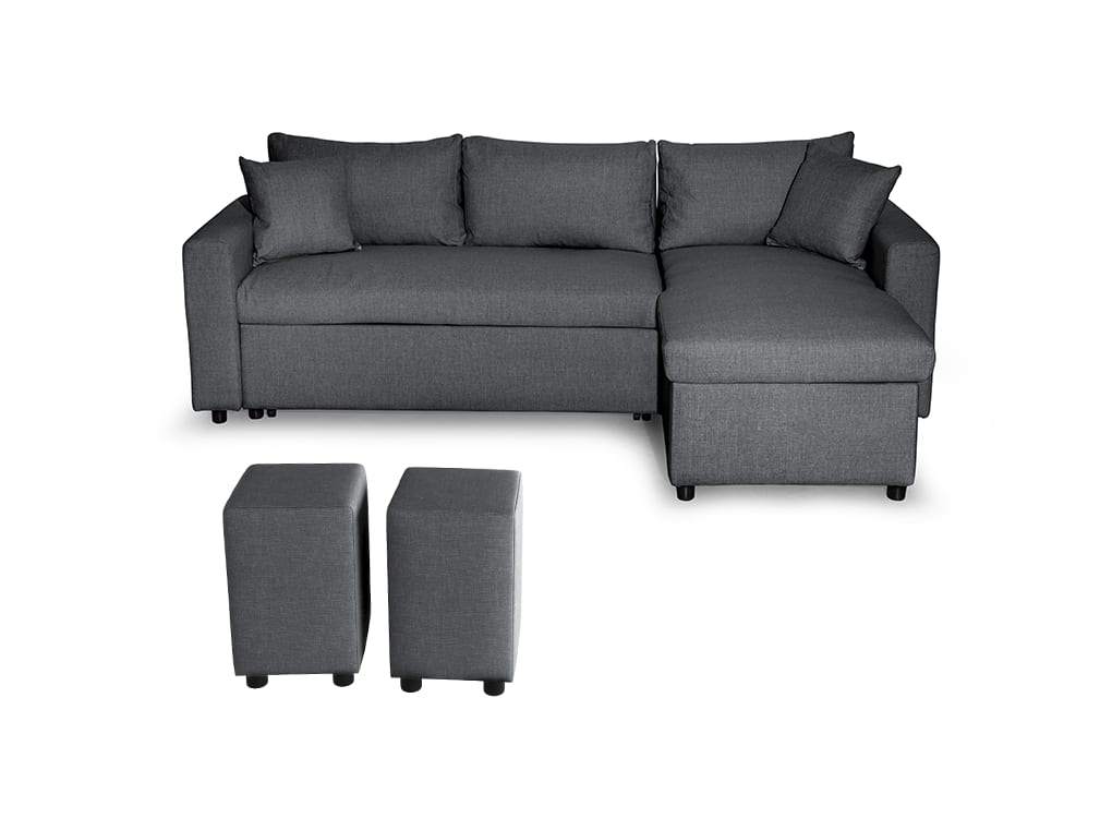 Canapé d'angle gris foncé réversible convertible avec coffre et poufs