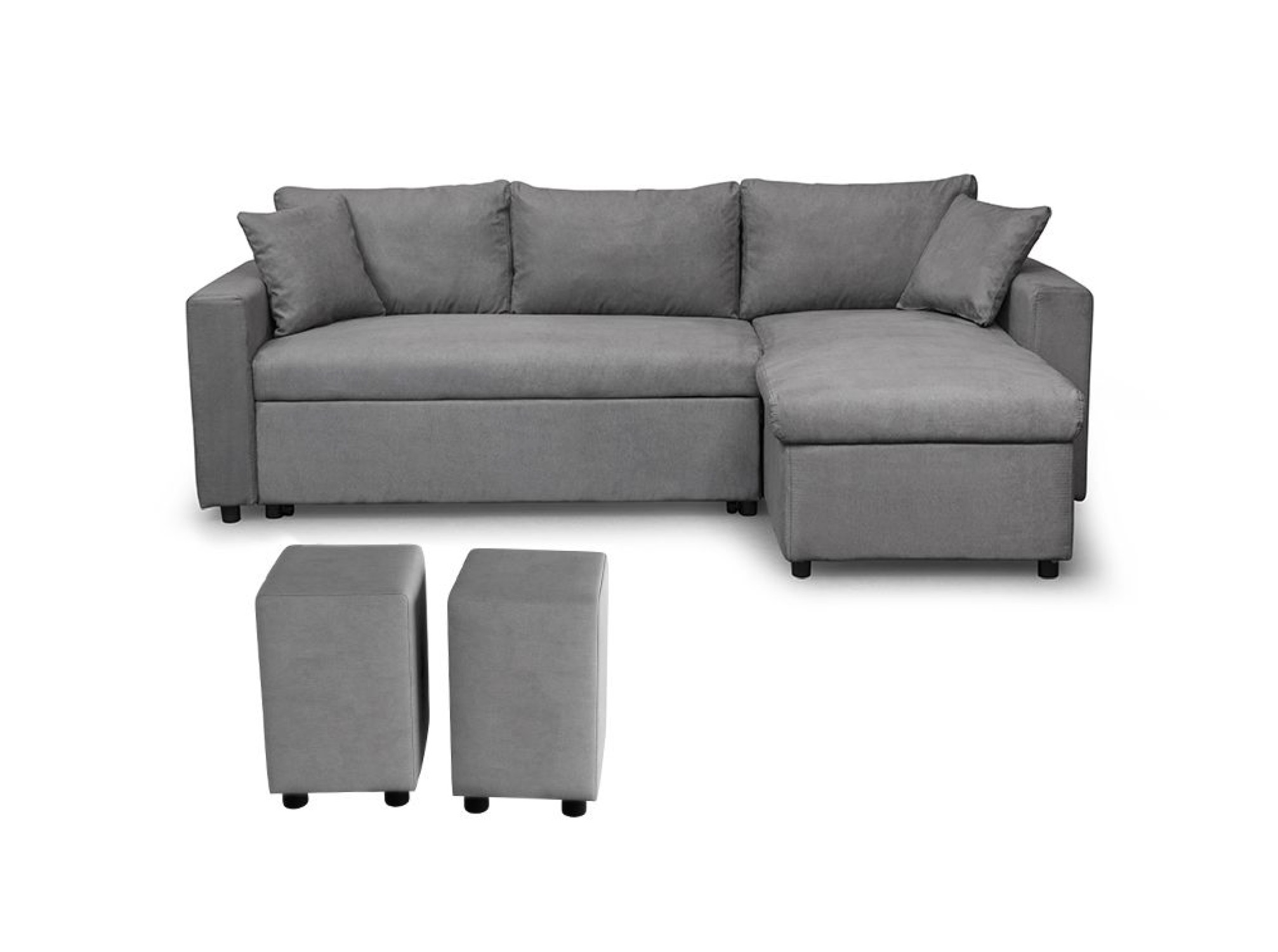 Canapé d'angle gris réversible et convertible avec coffre et poufs