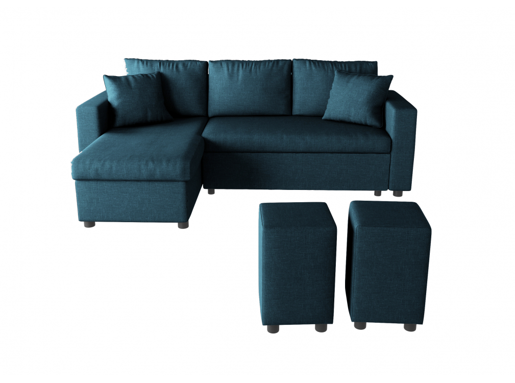 Canapé d'angle bleu réversible et convertible avec coffre et poufs