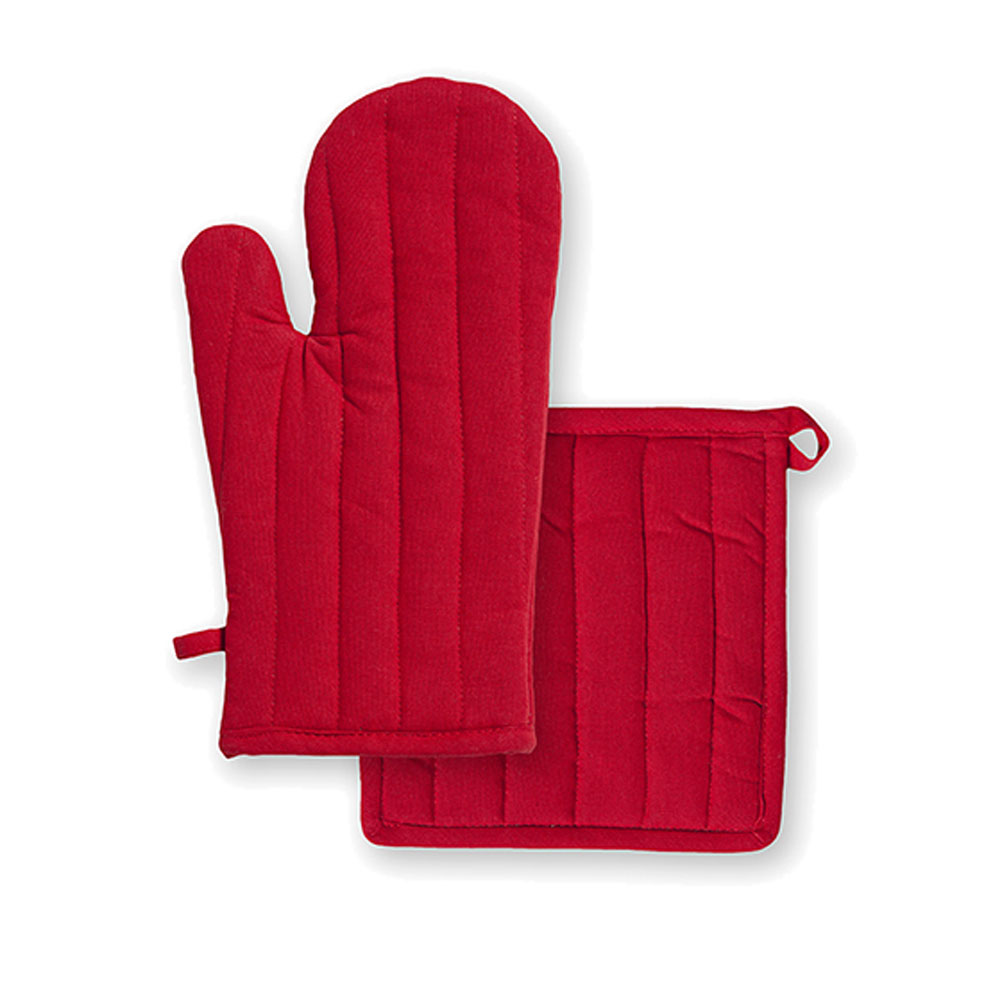 Ensemble gant et manique en coton rouge unis (photo) Ensemble gant et manique en coton rouge unis