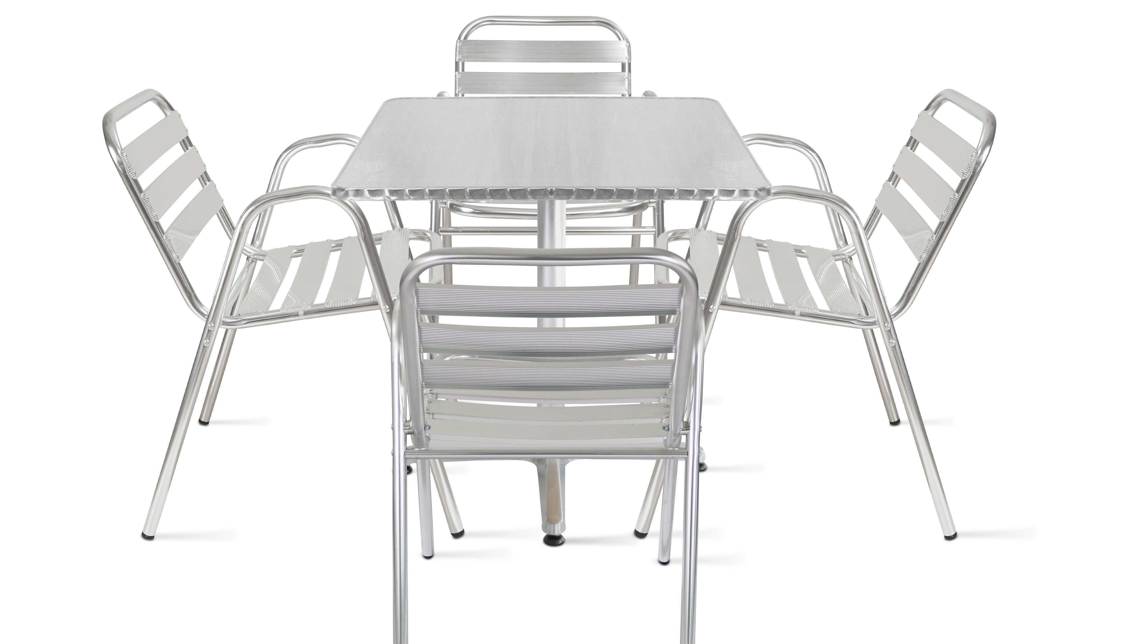 Table de jardin bistrot carrée et 4 fauteuils en aluminium