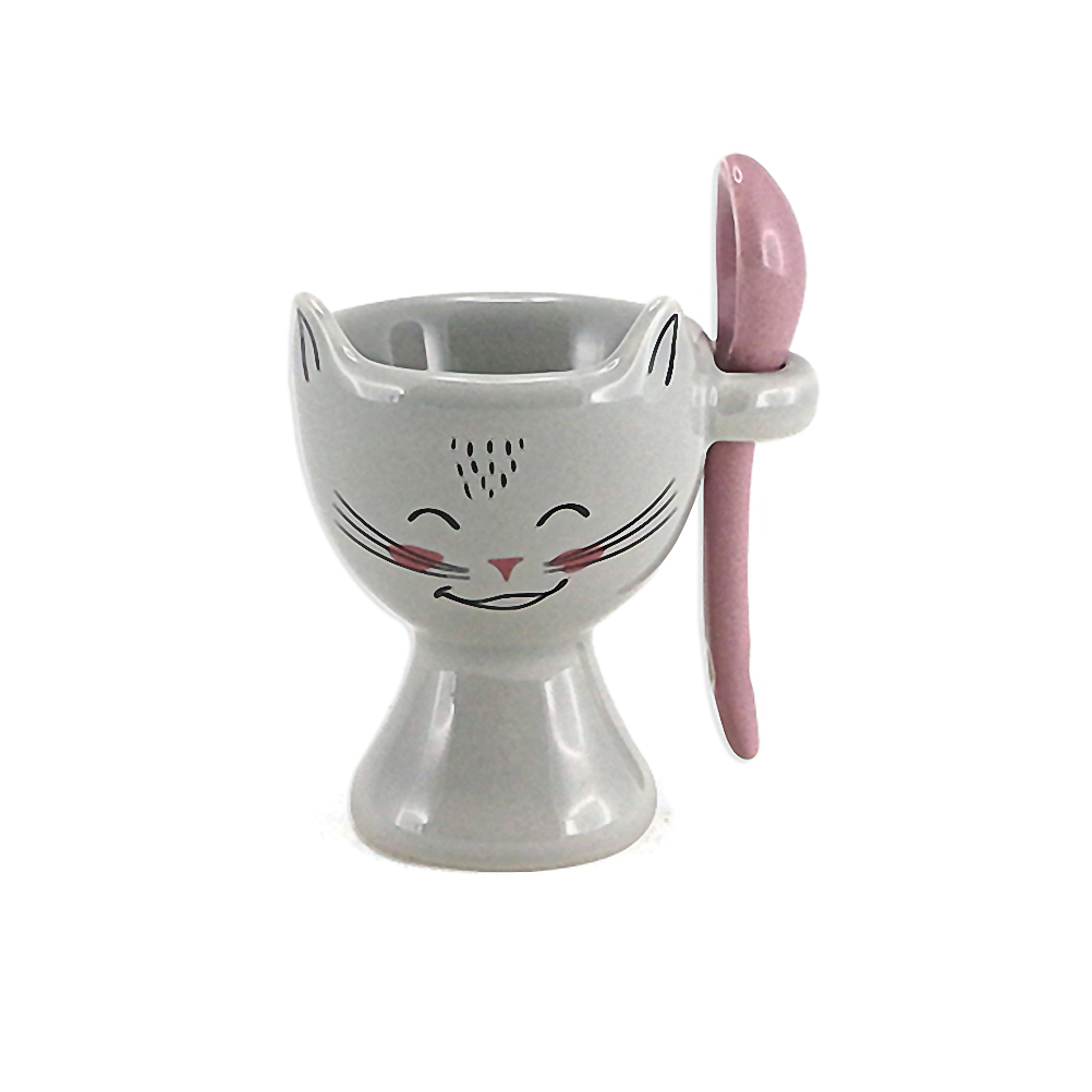 Coquetier et sa cuillère en céramique chat gris (photo) Coquetier et sa cuillère en céramique chat gris