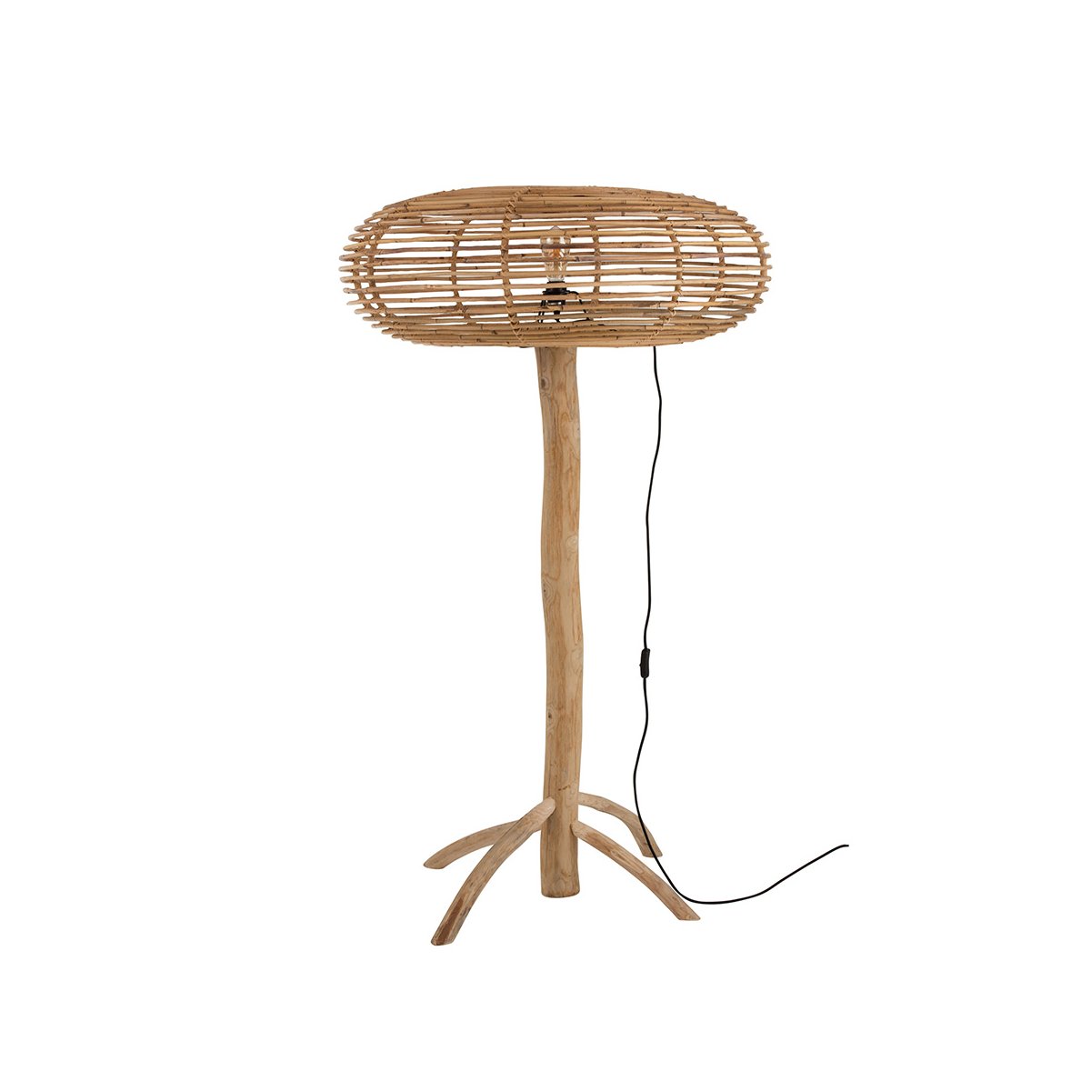 Lampadaire bohème en bois de teck abat-jour rotin (photo) Lampadaire bohème en bois de teck abat-jour rotin
