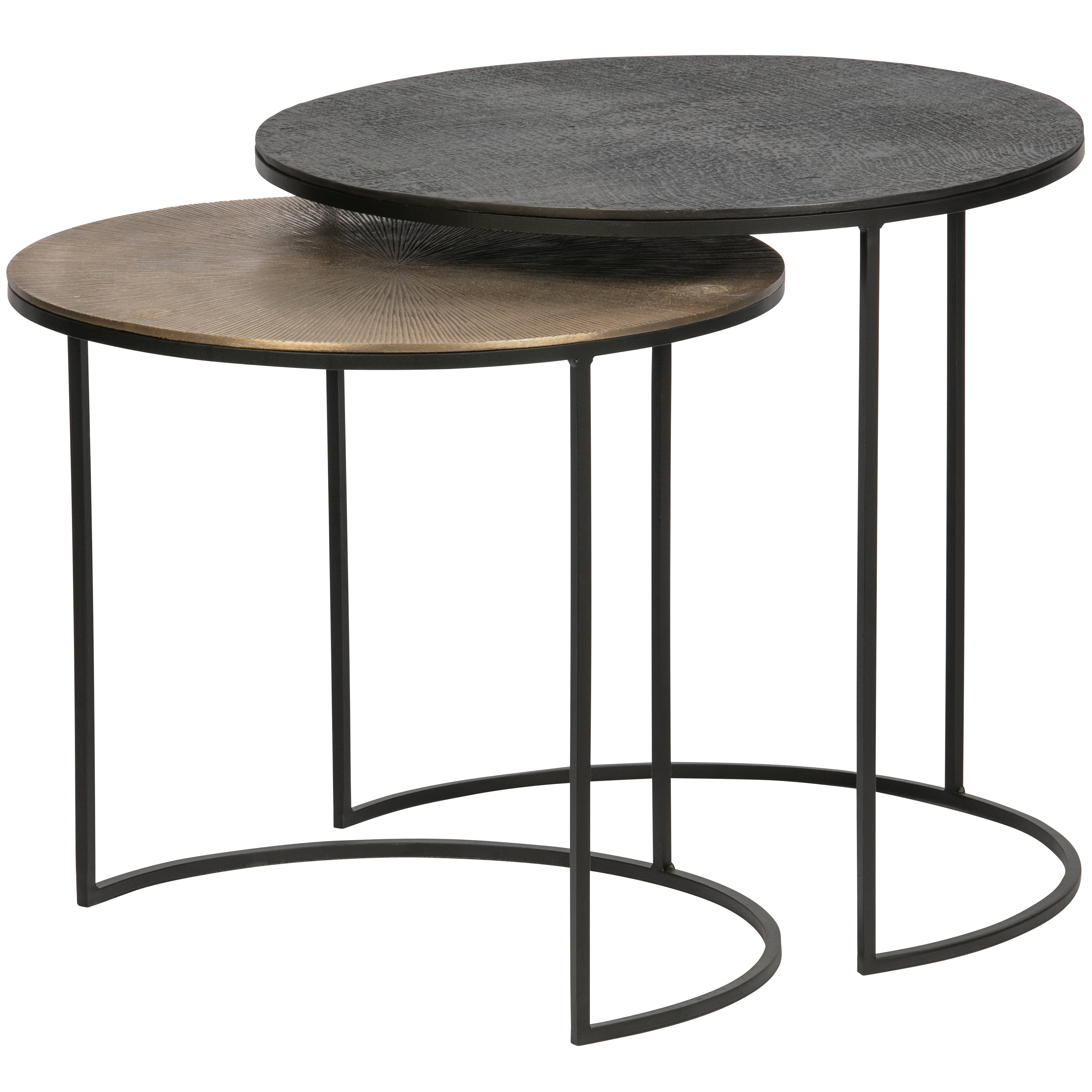 2 tables basses gigognes en métal noir et or 2 tables basses gigognes en métal noir et or