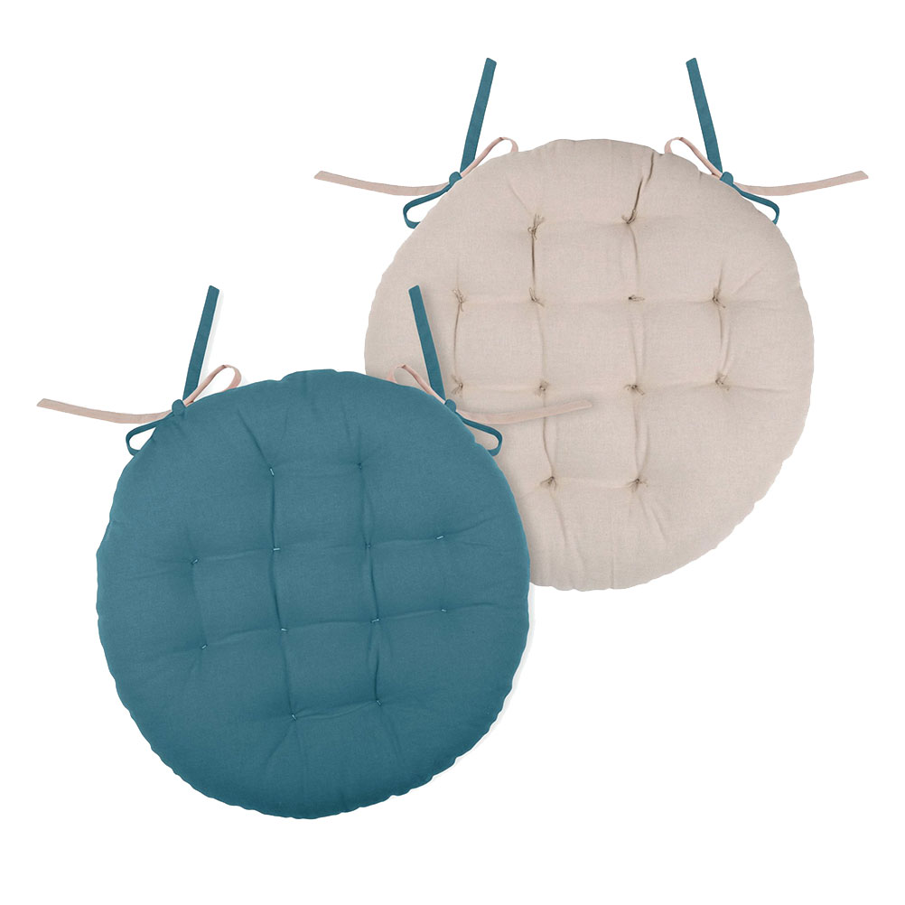 Coussin de chaise rond pétrole et lin D38cm (photo) Coussin de chaise rond pétrole et lin D38cm