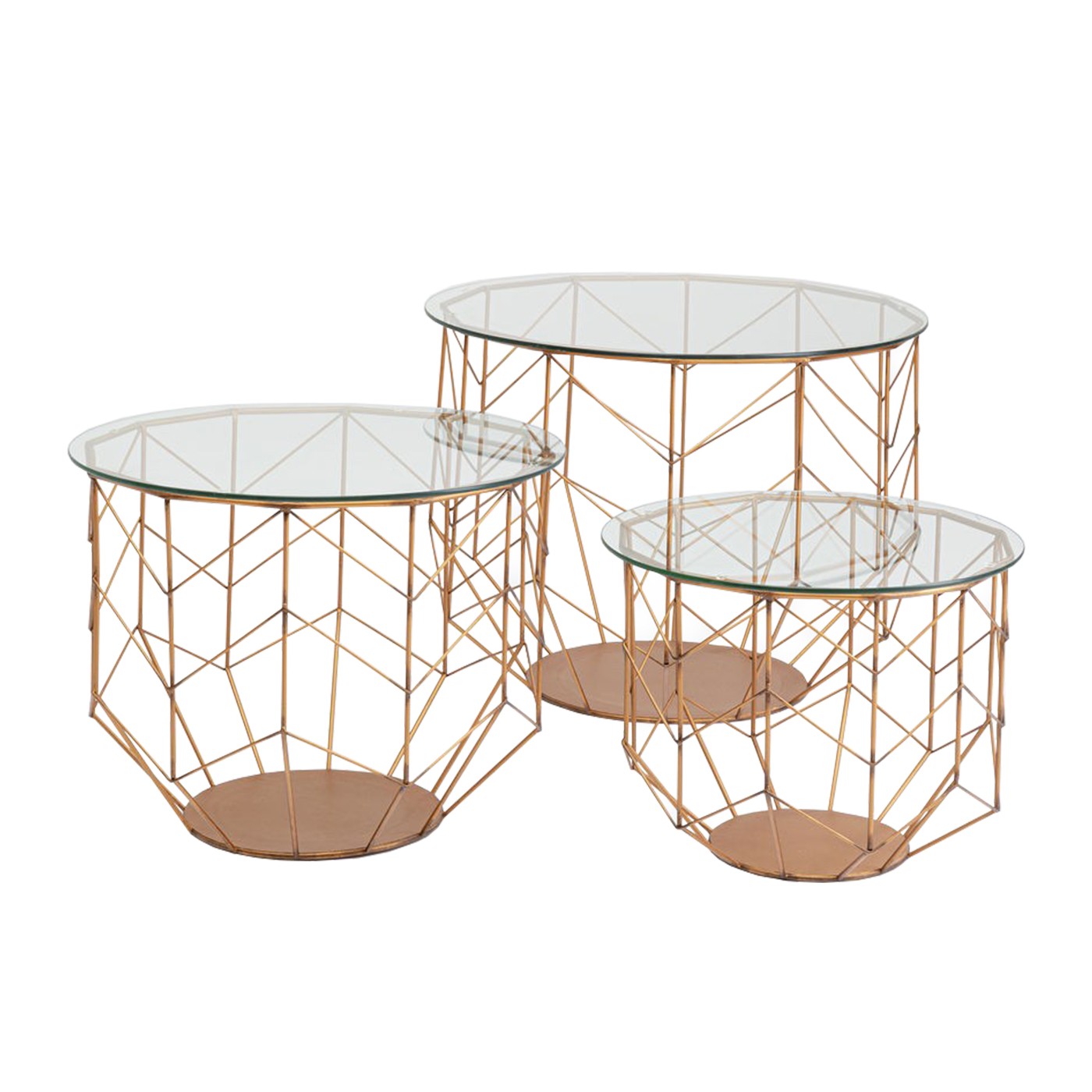 3 tables basses rondes en acier cuivré et verre