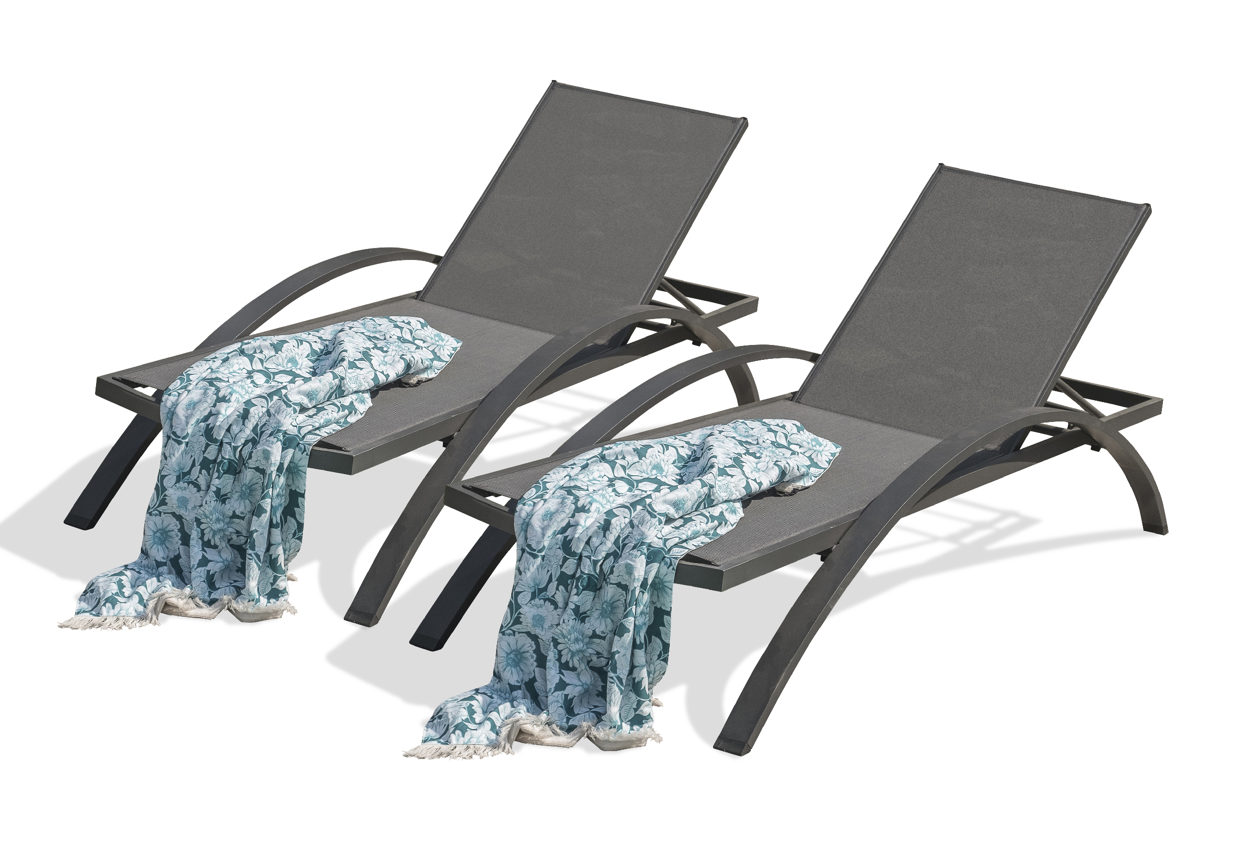 Lot de 2 chaises longues en toile plastifiée et aluminium gris