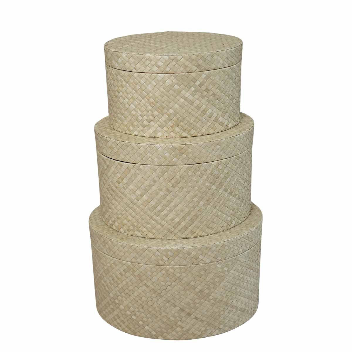 Set de 3 boîtes ovales en pandan beige (photo) Set de 3 boîtes ovales en pandan beige