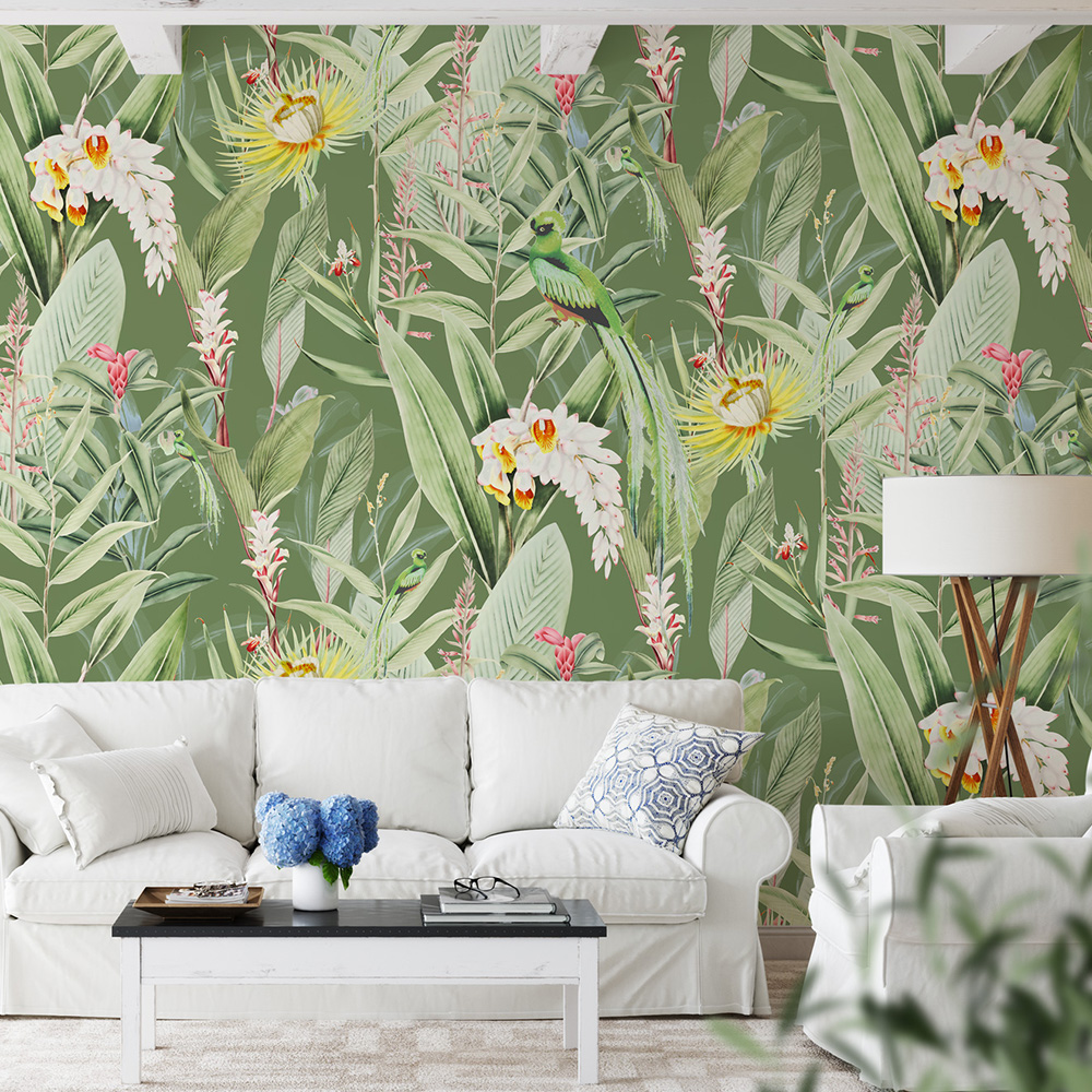 Papier peint panoramique motifs fleurs jardin tropical vert 255x260cm Papier peint panoramique motifs fleurs jardin tropical vert 255x260cm