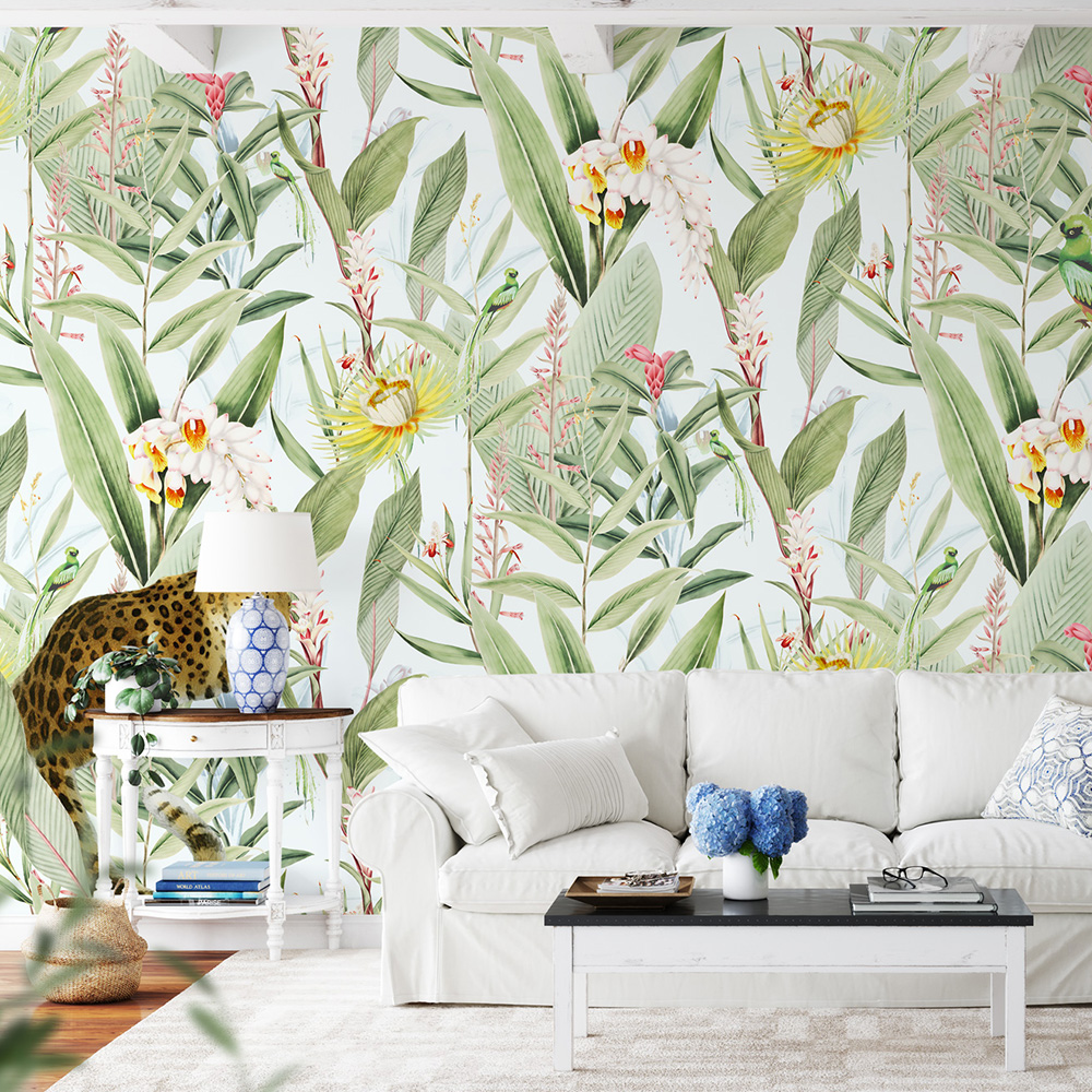 Papier peint panoramique motifs fleurs jardin tropical blanc 255x260cm Papier peint panoramique motifs fleurs jardin tropical blanc 255x260cm