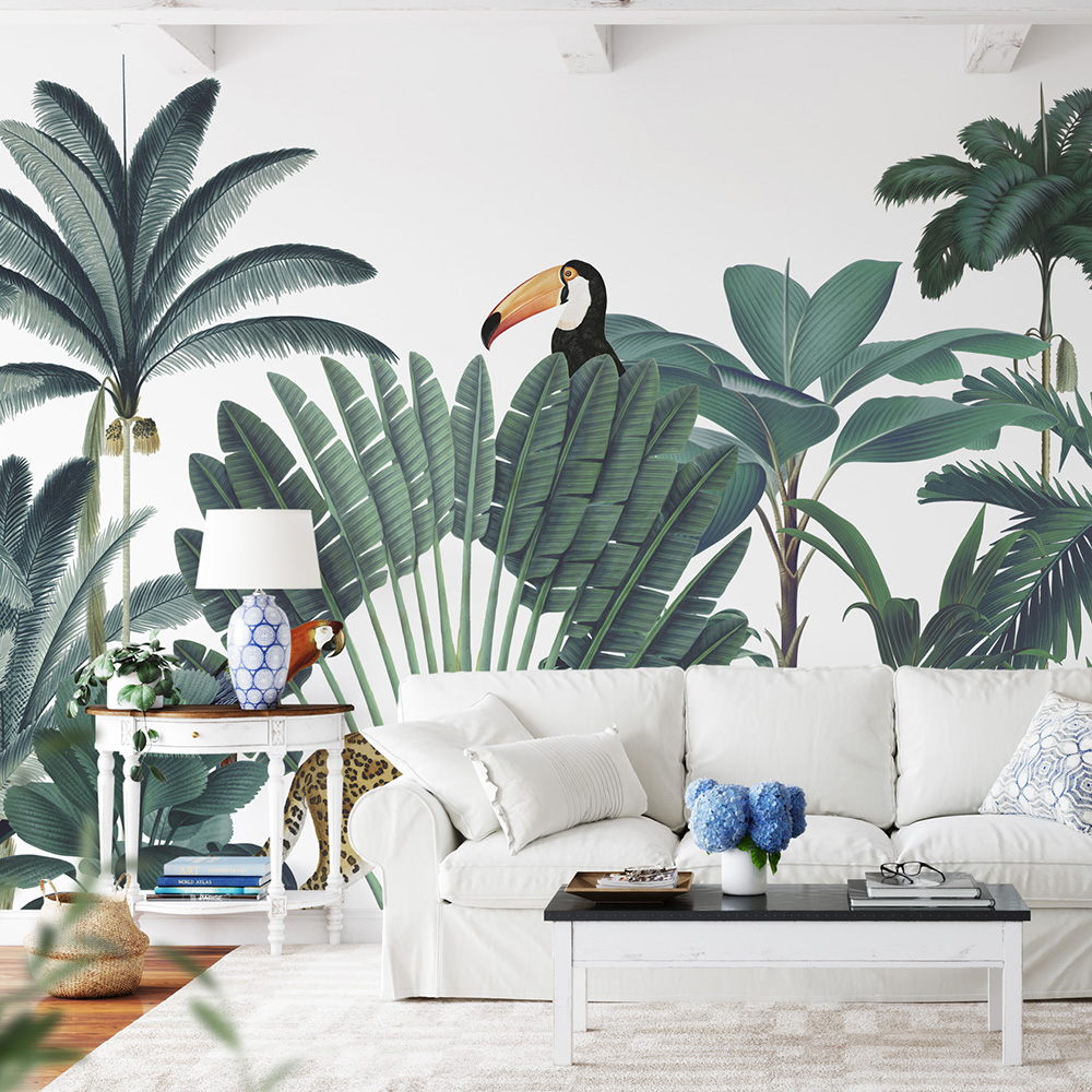 Papier peint jungle forêt tropicale luxuriante fond Blanc 255x260cm