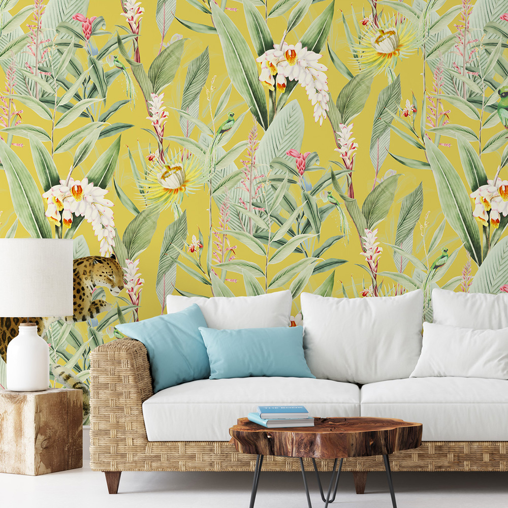 Papier peint panoramique motifs fleur jardin tropical canari 255x260cm Papier peint panoramique motifs fleur jardin tropical canari 255x260cm