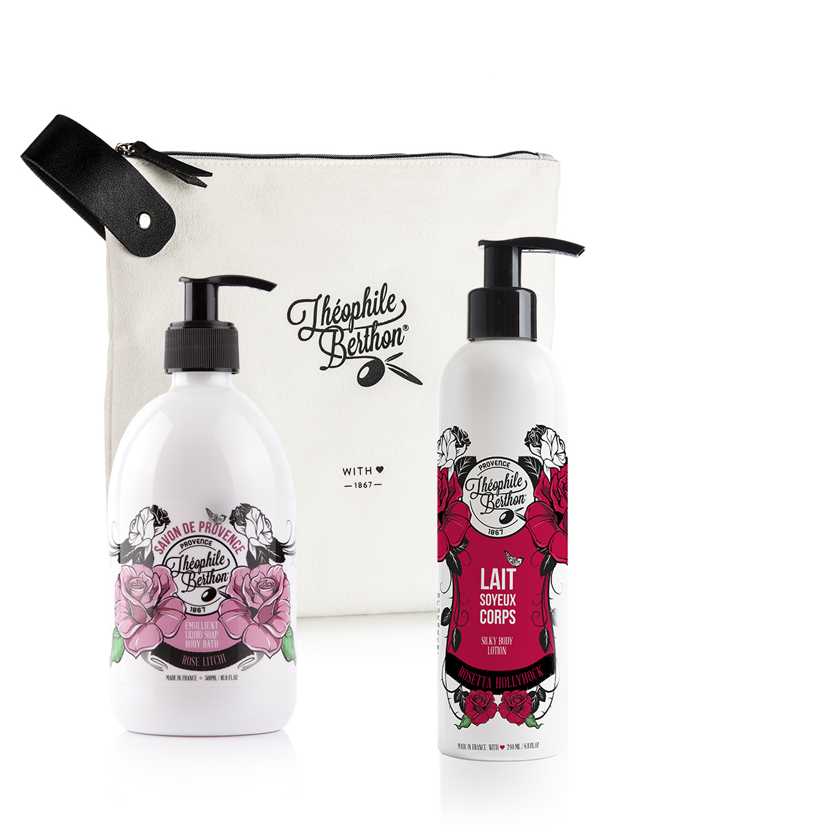 Trousse savon liquide de marseille et le lait corps rose Trousse savon liquide de marseille et le lait corps rose