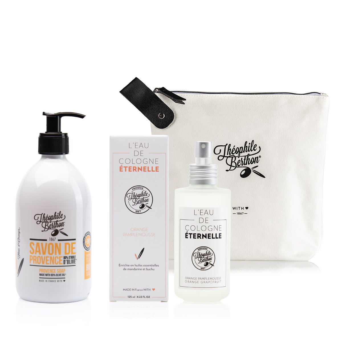 Trousse cologne orange pamplemousse et savon fleur d’oranger Trousse cologne orange pamplemousse et savon fleur d’oranger