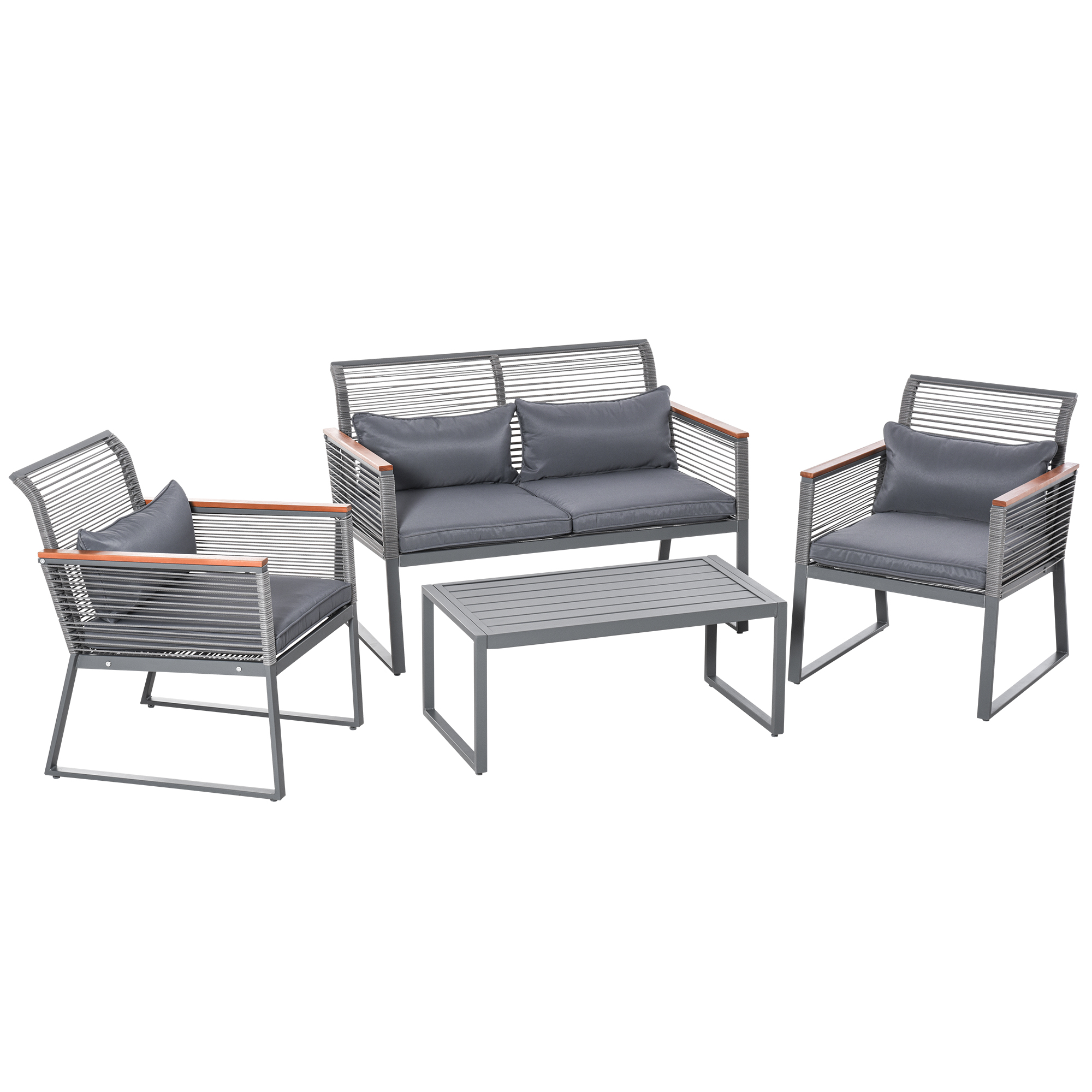 Salon de jardin style yachting 4 places table basse acier coussin gris