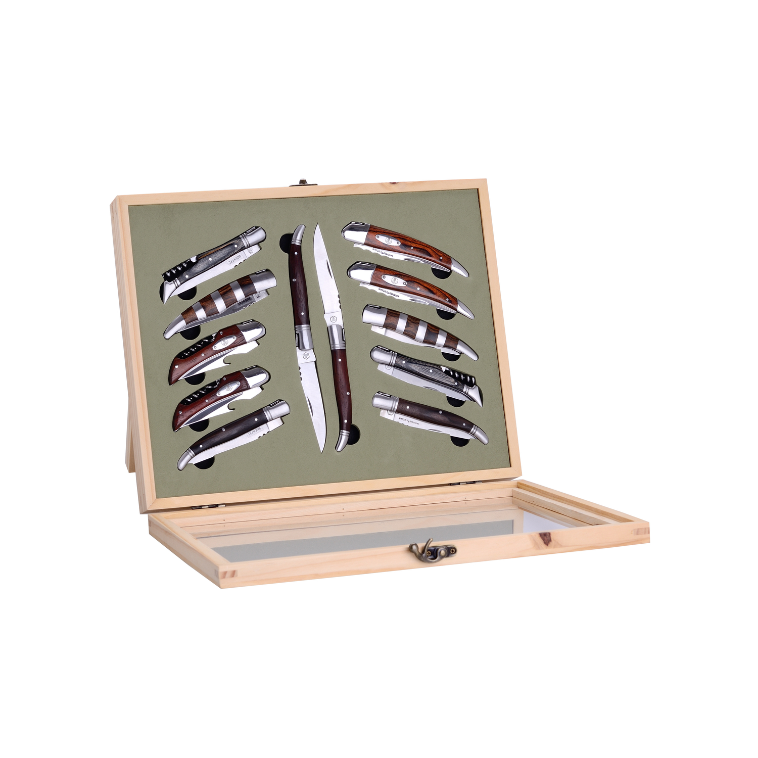 Couteaux pliants avec présentoir en bois (photo) Couteaux pliants avec présentoir en bois