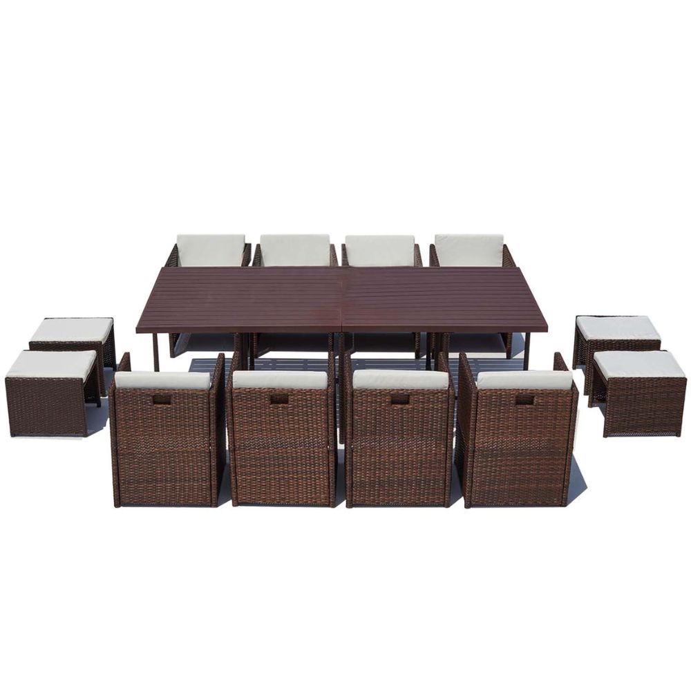 Table et chaise 12 places encastrables alu résine marron/blanc