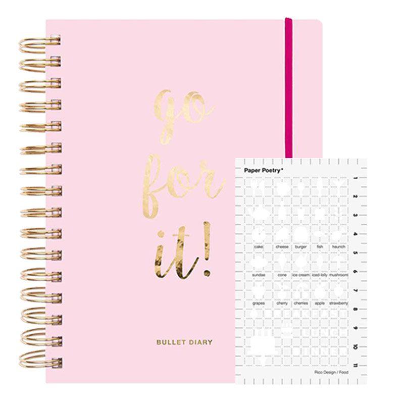Agenda bullet journal rose à spirales 96 feuilles avec pochoir food (photo) Agenda bullet journal rose à spirales 96 feuilles avec pochoir food