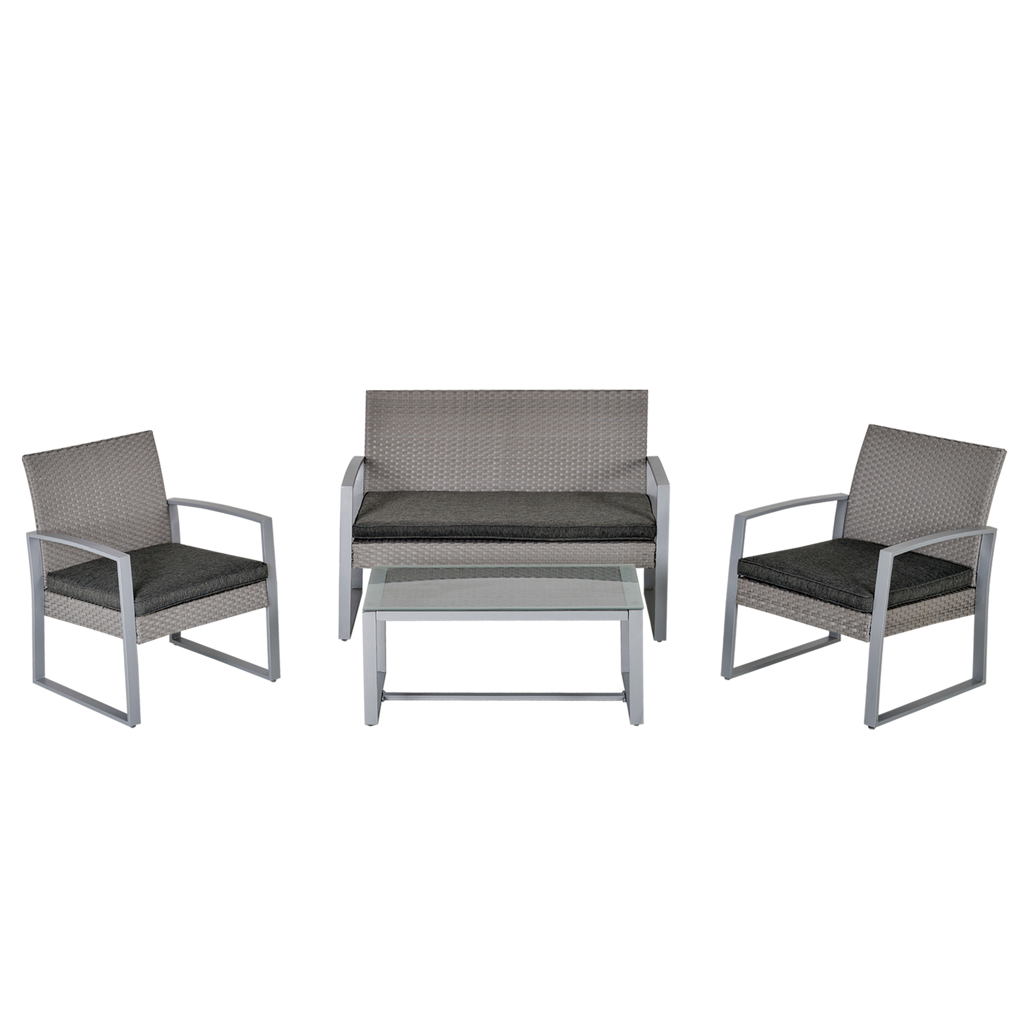 Salon de jardin style yachting 4 places table basse métal résine gris