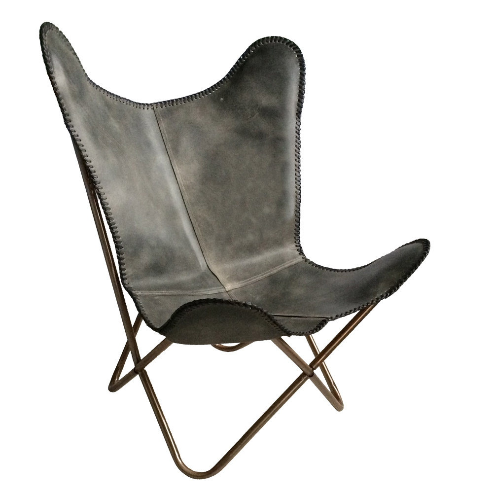 Chaise papillon en cuir vintage gris Chaise papillon en cuir vintage gris