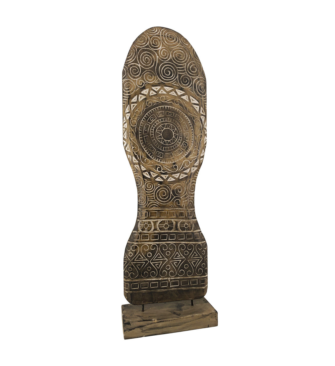 Figure soleil sculpé avec pied en bois marron (photo) Figure soleil sculpé avec pied en bois marron