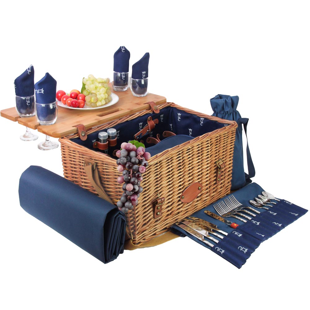 Panier pique-nique en cuir Saint-honoré bleu foncé 4 personnes Panier pique-nique en cuir Saint-honoré bleu foncé 4 personnes