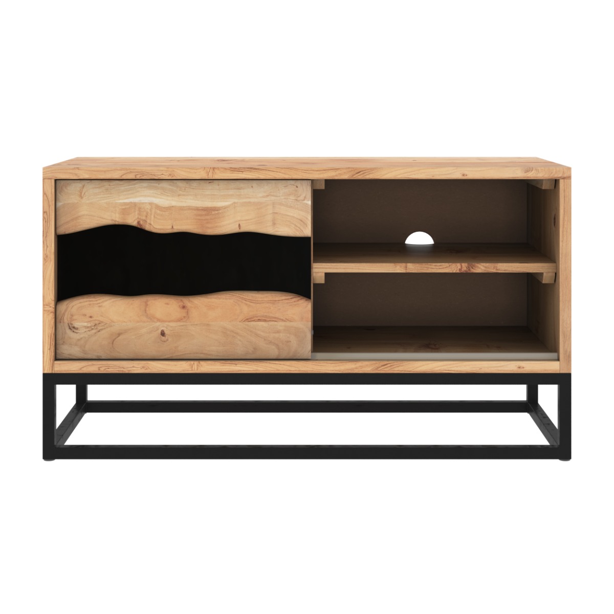 Meuble TV 1 porte coulissante en bois d'acacia et métal noir