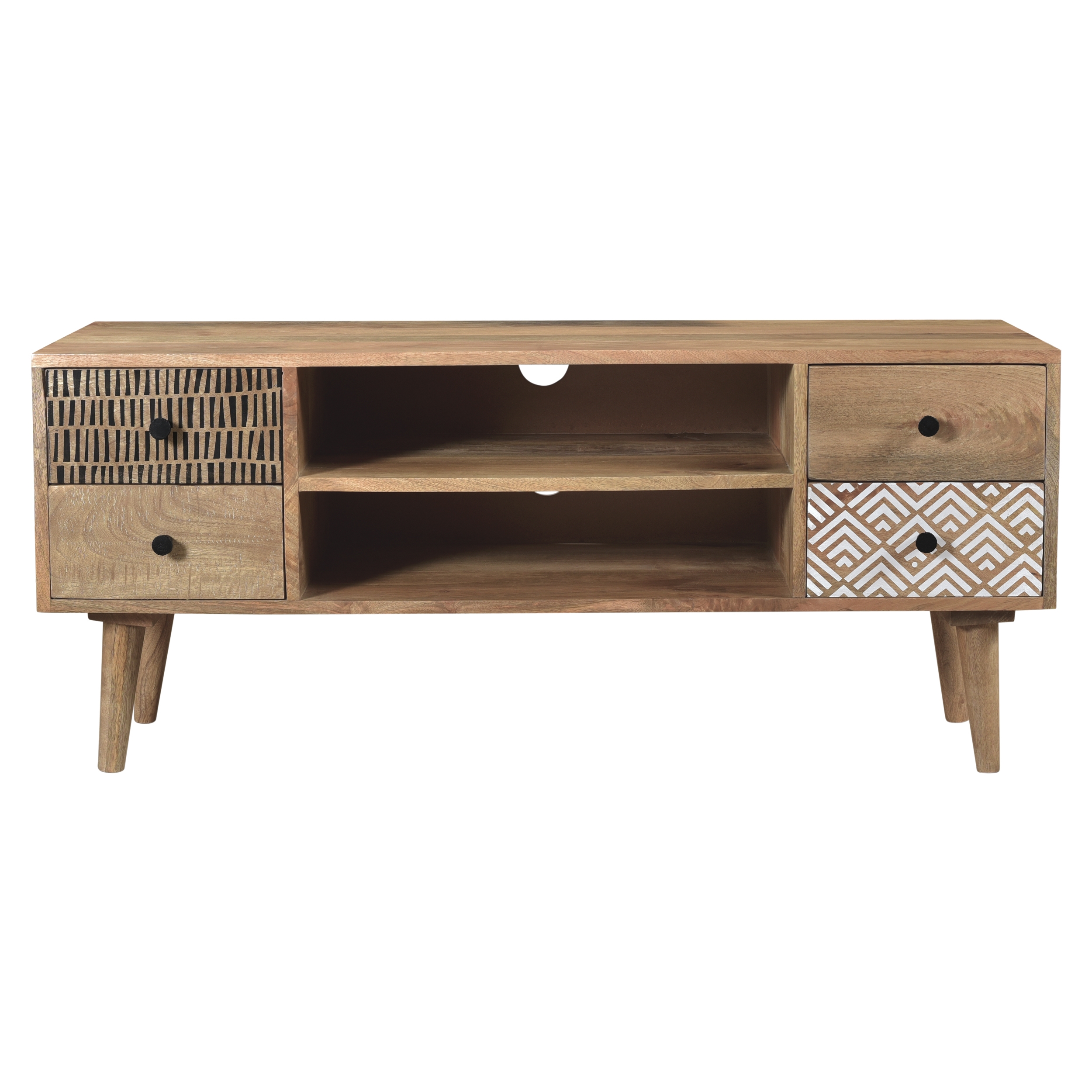 Meuble TV en bois 2 niches 4 tiroirs à motifs Meuble TV en bois 2 niches 4 tiroirs à motifs