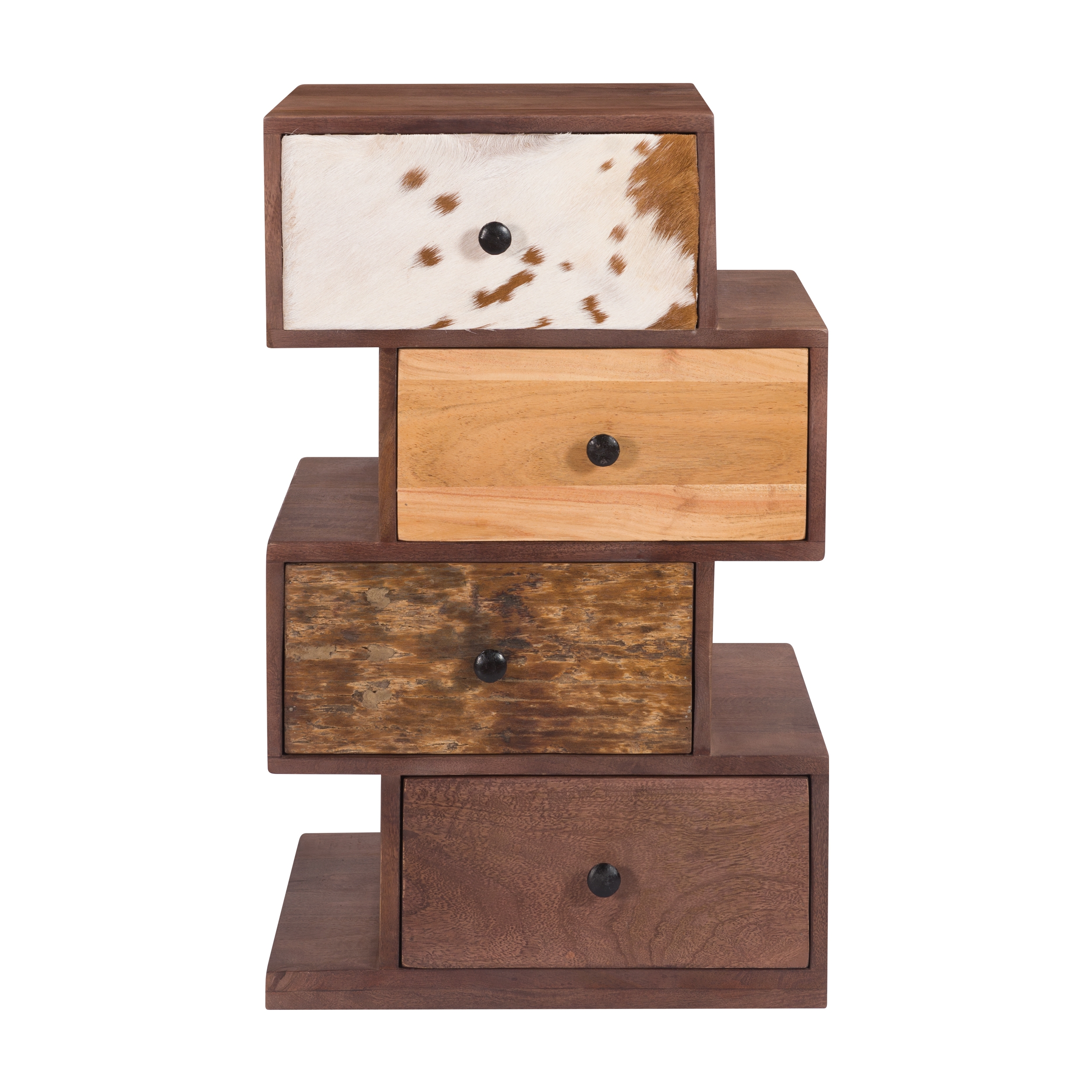 Chiffonnier zigzag 4 tiroirs en bois recyclé et cuir Chiffonnier zigzag 4 tiroirs en bois recyclé et cuir