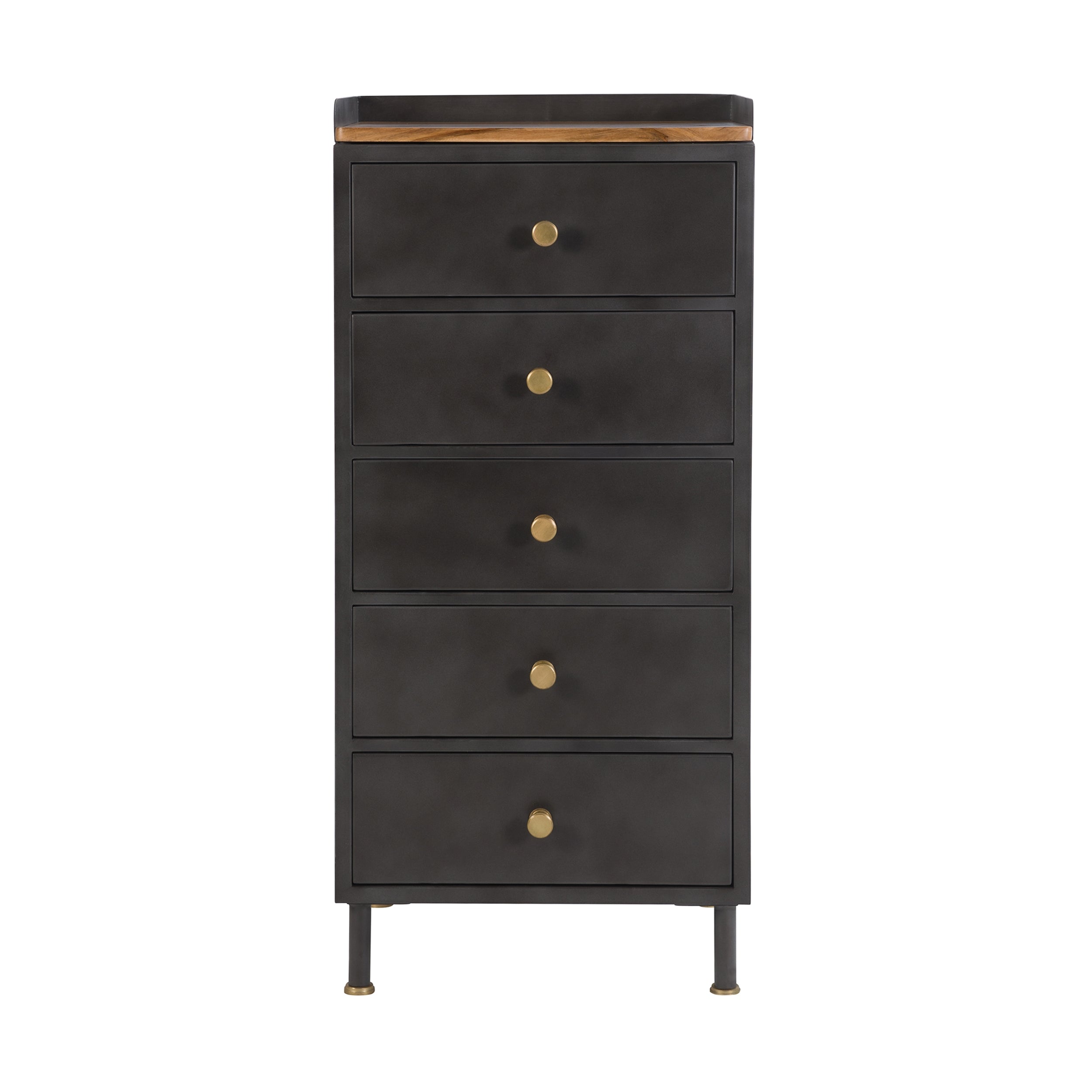 Chiffonnier 5 tiroirs en métal gris métallisé et bois de manguier