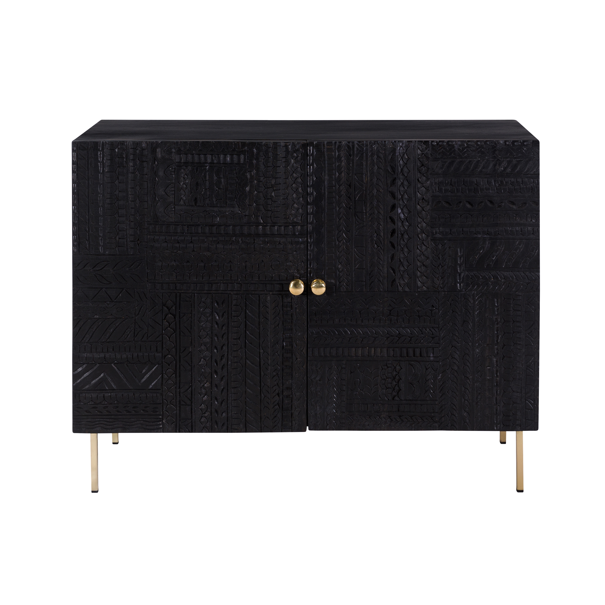 Commode 2 portes en bois gravé noir et métal doré (photo) Commode 2 portes en bois gravé noir et métal doré