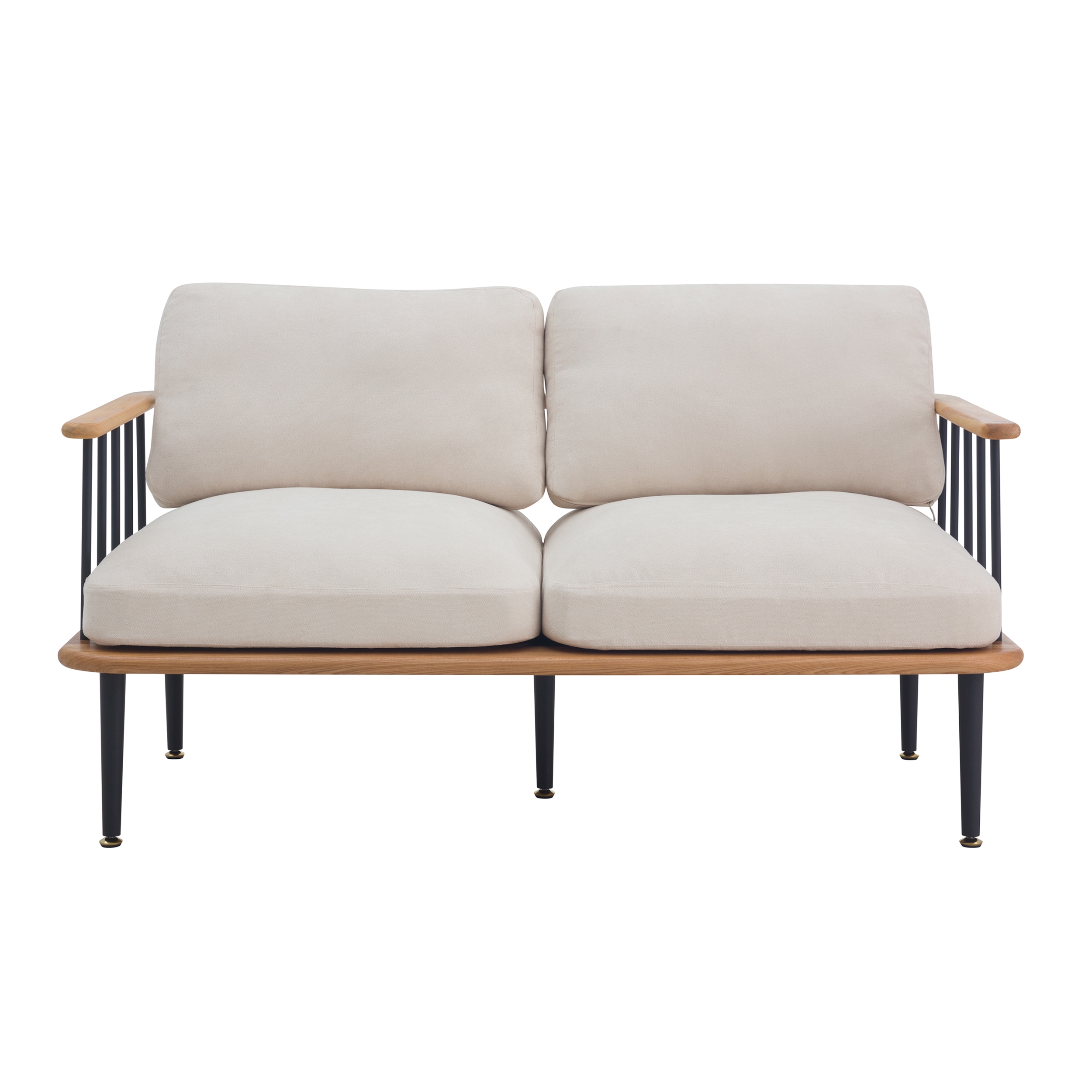 Canapé 2 places en bois d'orme, tissu beige et métal noir Canapé 2 places en bois d'orme, tissu beige et métal noir